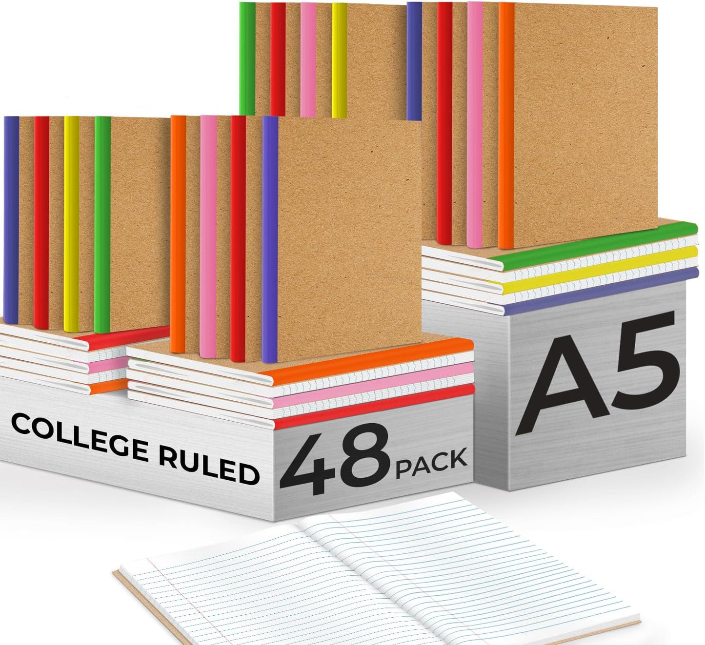 48 Pack Bulk Kraft Journals, A5, Extra Pages - 120 Pages (60 Sheets), College Ruled, 8 x 5.7, No-Bleed Paper, Bulk Kraft Composition Notebooks Lined, Kraft Composition Notebook for School