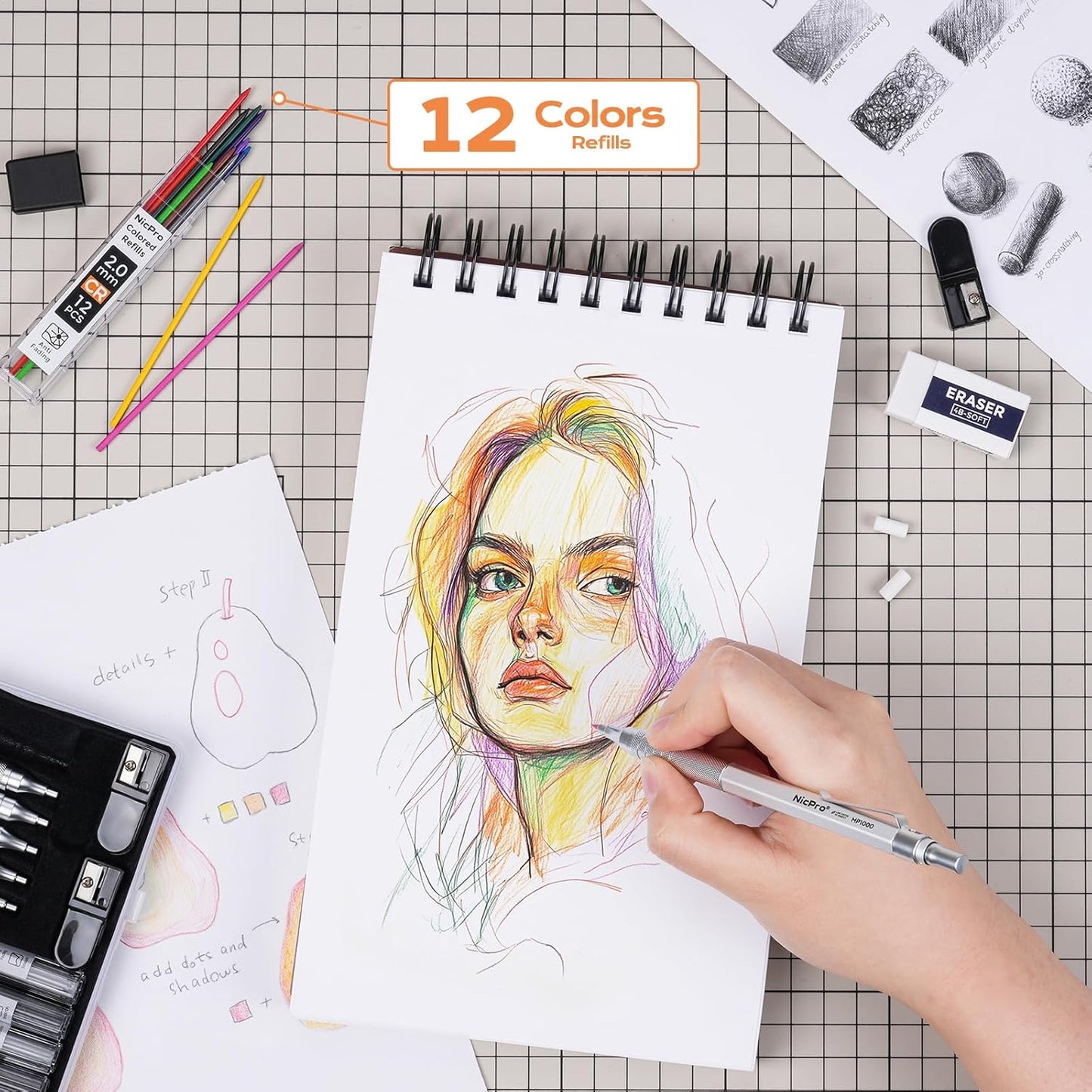 Nicpro Metal Mechanical Pencil Set, 5 PCS Art Drafting Pencils 0.3, 0.5, 0.7, 0.9 mm & 2mm Graphite Lead Holder For Sketching Drawing With 9 Tubes (4B 2B HB 2H Colors) Lead Refills Erasers Case