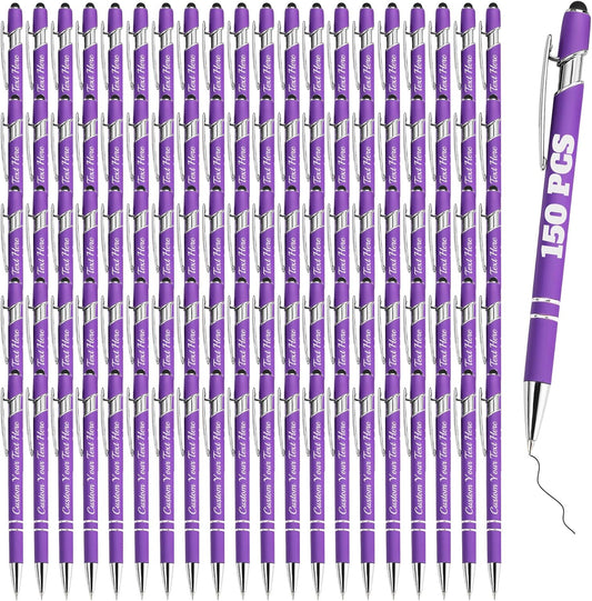 Personalized Pens Bulk 150 with Name Custom Engraving Ballpoint Pens with Stylus Tip Customized Smooth Writing Pens Personalized Gifts for Anniversary Birthday or Graduation(Purlpe,Black Ink)