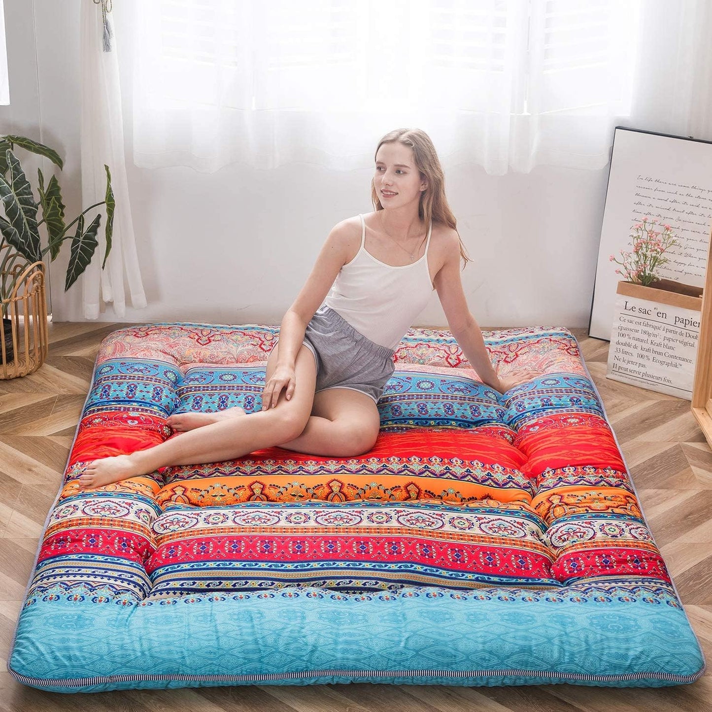 MAXYOYO Bohemian Retro Vintage Floral Japanese Futon Mattress Roll Up Tatami Floor Mat Foldable Bed Portable Camping Mattress Sleeping Pad Floor Lounger Couch Bed, King
