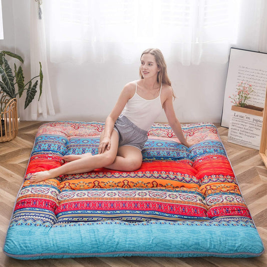 MAXYOYO Bohemian Retro Vintage Floral Japanese Futon Mattress Roll Up Tatami Floor Mat Foldable Bed Portable Camping Mattress Sleeping Pad Floor Lounger Couch Bed, King