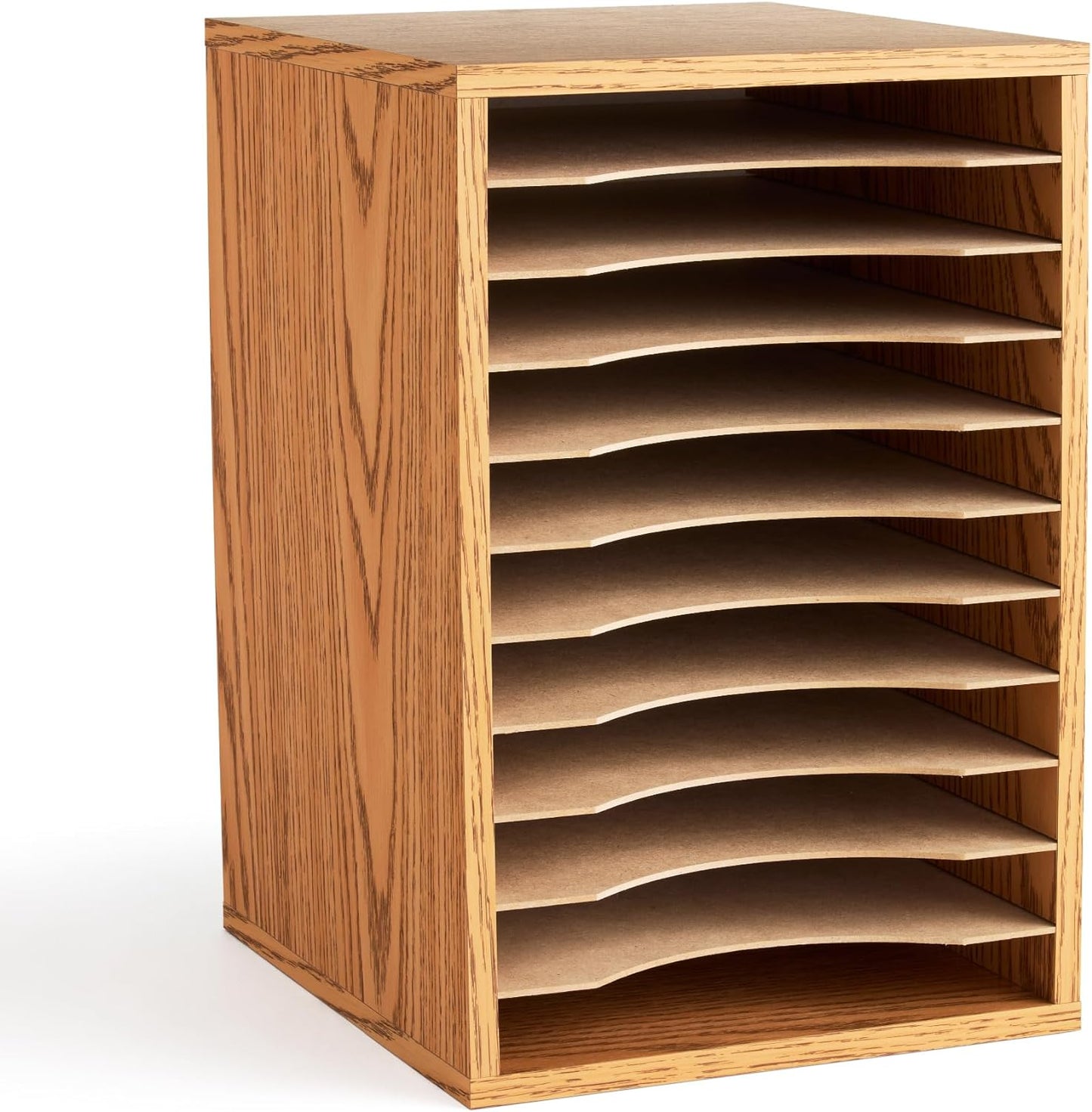 Safco Vertical Desktop Sorter, Wooden Paper Organizer for Home Office and Classroom, 11 Adjustable, Letter-Size Compartments, Medium Oak
