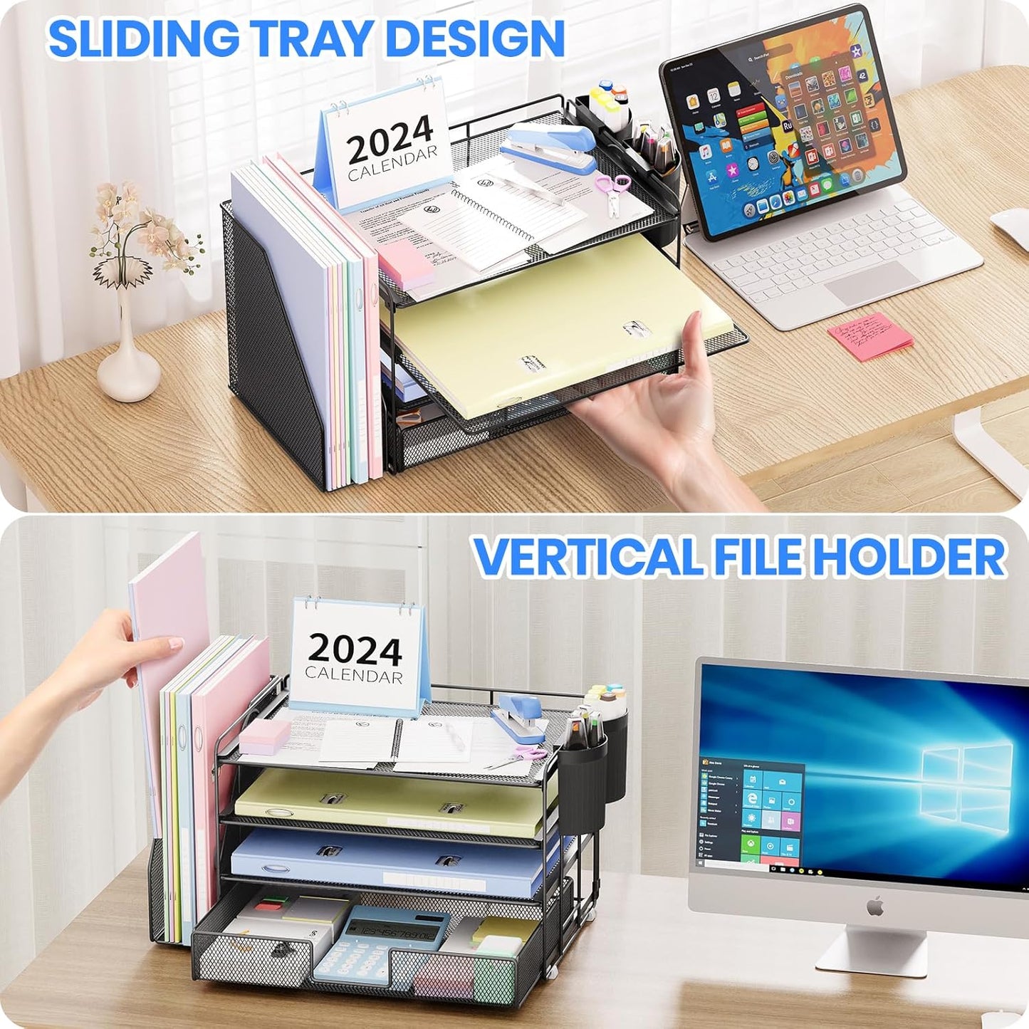 Desk Organizer and Accessories, 4-Tier Desktop File Organizer with Drawer and 2 Pen Holders, Office Desk Accessories for Office Supplies(Black)