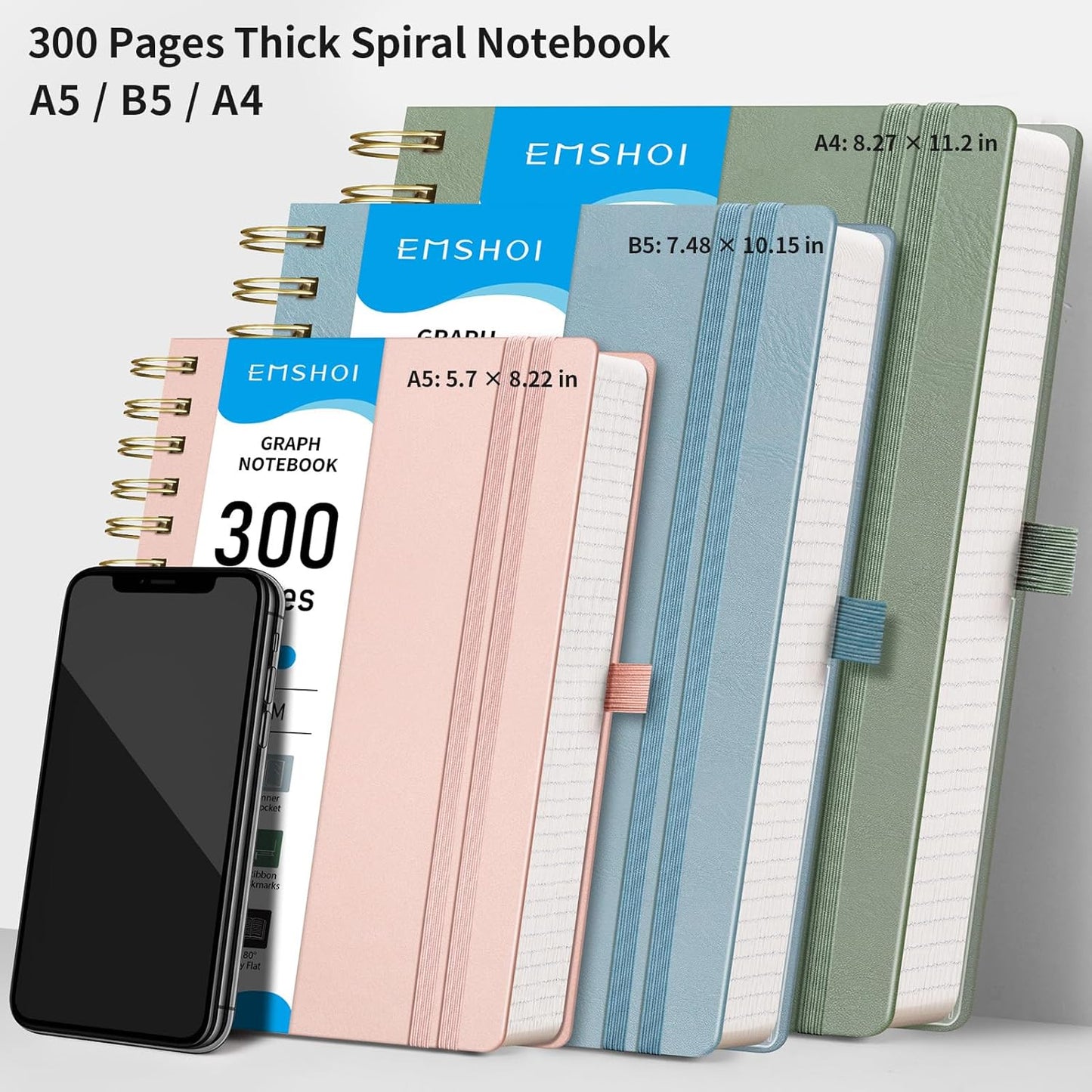 EMSHOI Spiral Graph Paper Notebook - 300 Pages, 100 GSM Thick Grid Notebook, B5 Large Hardcover Leather Journal for Women Men Work School Writing Engineering Graphing, 7.48" x 10.15", Gray Blue