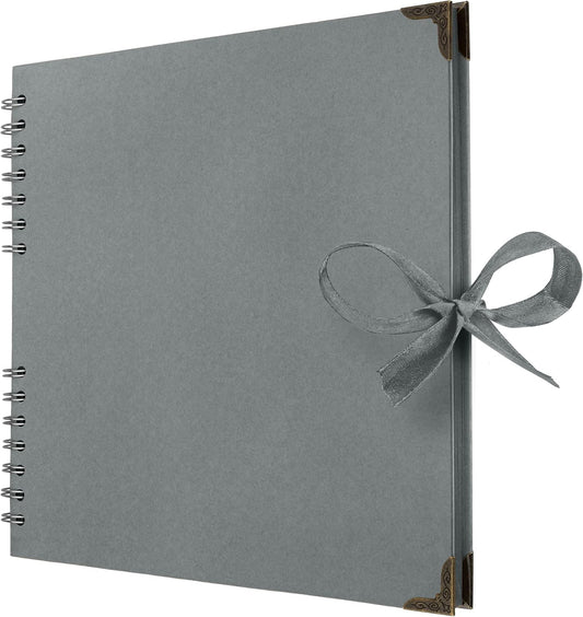 Bstorify 10 x 10 Inches Scrapbook Album 70 Pages Grey Thick Kraft Paper Corner Protectors, Ribbon Closure - Ideal for Your Scrapbooking, Art & Craft Projects (Grey, 10 x 10 Inch)