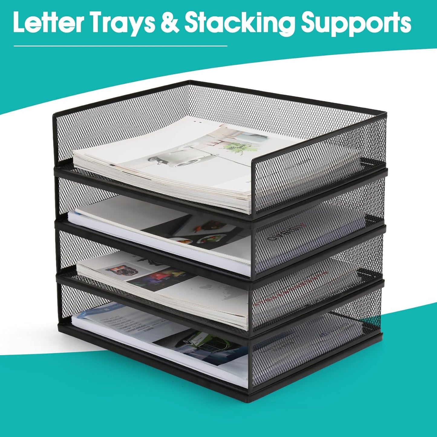 Wire Mesh Letter Trays Paper Tray Desk File Organizer, 2 Pack Stackable Metal Front-Load Documents Tray for Office Supplies File (Transverse)