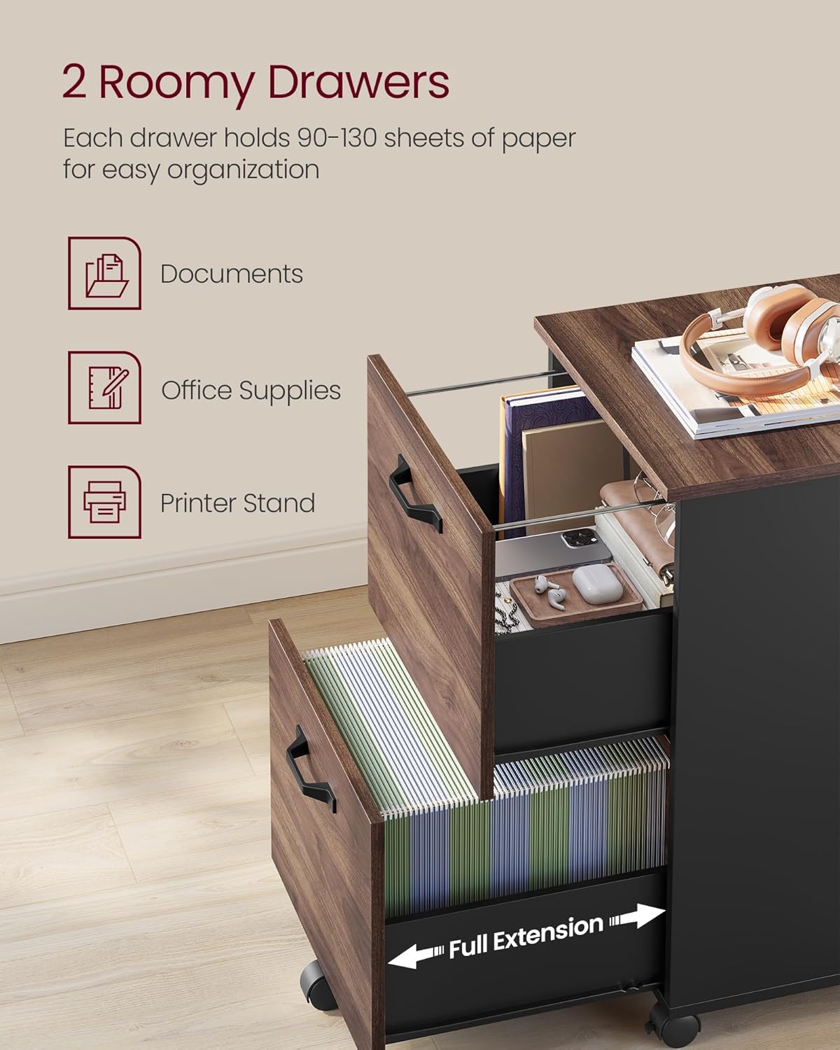 VASAGLE 2-Drawer File Cabinet, Small Rolling Filing Cabinet for Home Office, Printer Stand, for A4, Letter-Size Documents, 15.7 x 16.5 x 27.6 Inches, Natural Walnut and Ink Black UOFC040K01