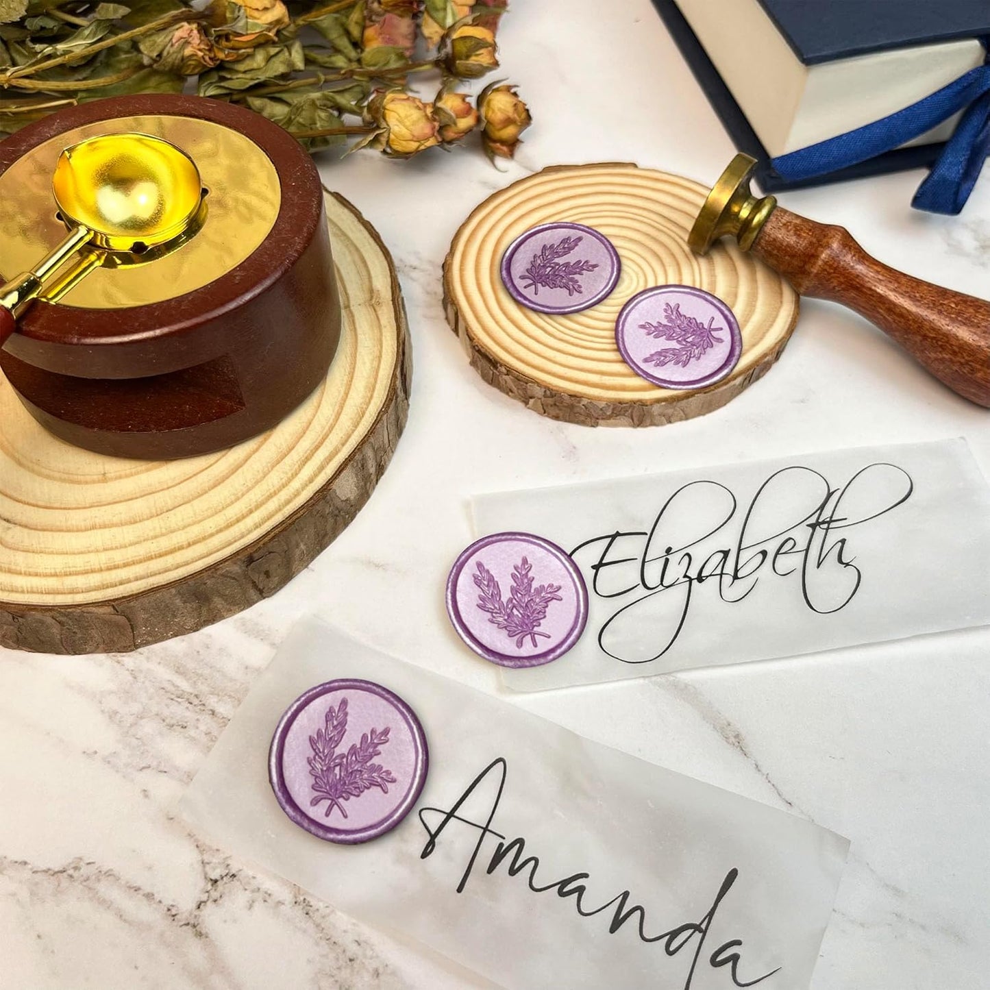 100Pcs Wax Seal Stickers Handmade Envelope Seals Self Adhesive Wax Stickers for Wedding Party Invitations, Envelope, Gift Wrap, Christmas(Rosemary Style, Lilac Purple)