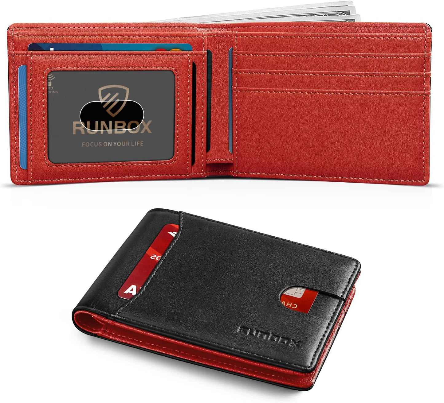 RUNBOX Novelty Wallet for Men Slim 11 Credit Card Holder Slots Leather RFID Blocking Small Thin Men's Wallet Bifold Minimalist Front Pocket Large Capacity Gift Box