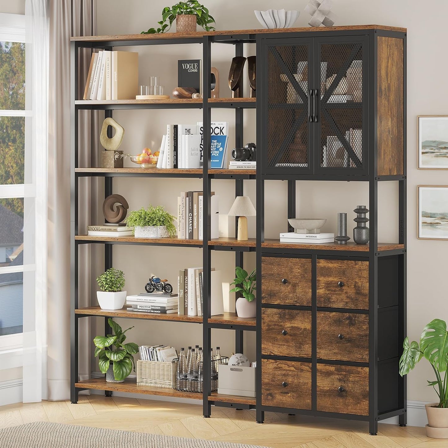 Corner Bookshelf, 6 Tier Industrial Convertible Bookshelf with 6 Fabric Drawers, Corner Bookcase Large L Shaped Storage Display Shelf for Home Office, Living Room, Kitchen, Rustic Brown