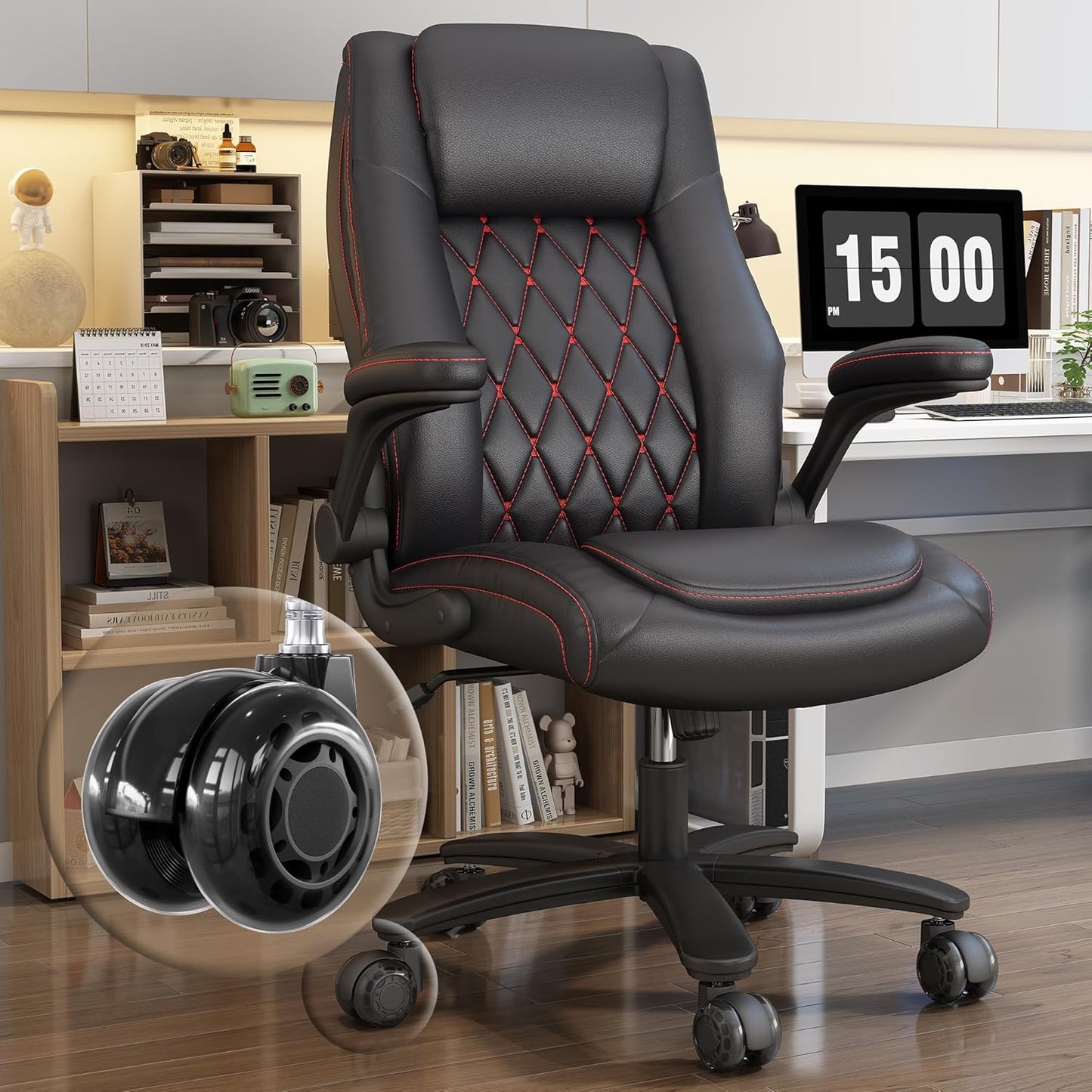 GYI High Back Executive Office Chair, Big and Tall Office Desk Chair 400LBS with Lumbar Support, Flip-up Armrests, Rubber Wheels, Black
