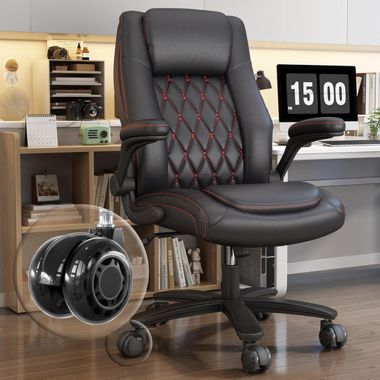 GYI High Back Executive Office Chair, Big and Tall Office Desk Chair 400LBS with Lumbar Support, Flip-up Armrests, Rubber Wheels, Black