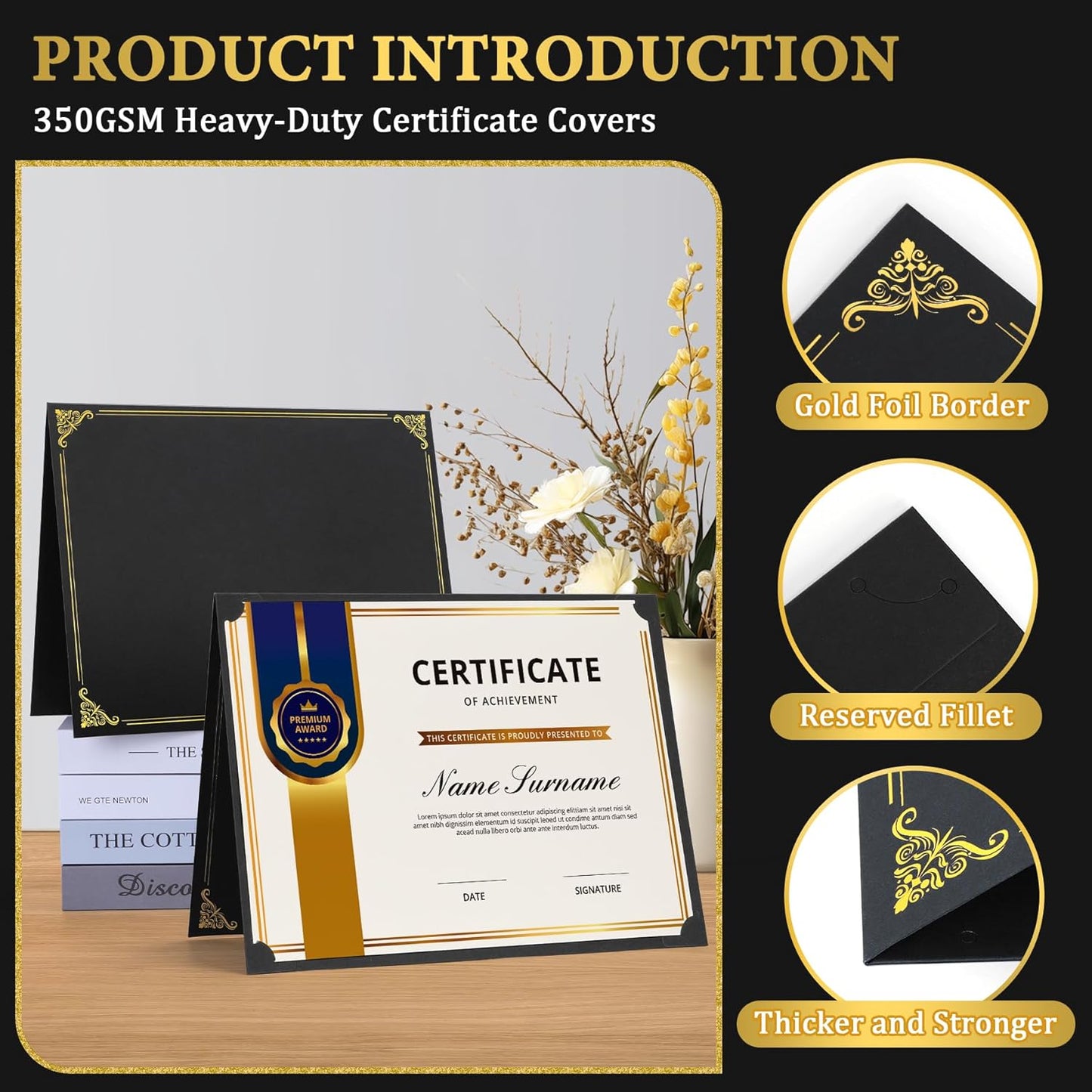 Ndsox 30 Packs Black Certificate Holders, Graduation Diploma Holders, 350GSM, Diploma Covers with Gold Foil Border for Letter Size 8.5" x 11" Award Certificate Paper, Cardstocks and Documents