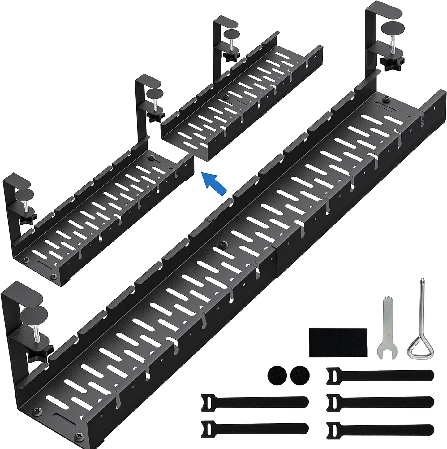 No Drilling Extendable Under Desk Cable Management, Metal Cable Management Tray Under Desk with Clamp, Retractable Power Strip Cord Holder for Wire Management 31Inch (1 Pack Black or white random 31')