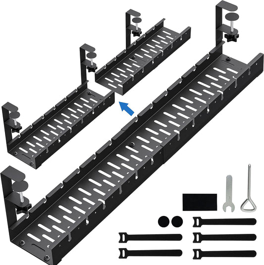 No Drilling Extendable Under Desk Cable Management, Metal Cable Management Tray Under Desk with Clamp, Retractable Power Strip Cord Holder for Wire Management 31Inch (1 Pack Black or white random 31')