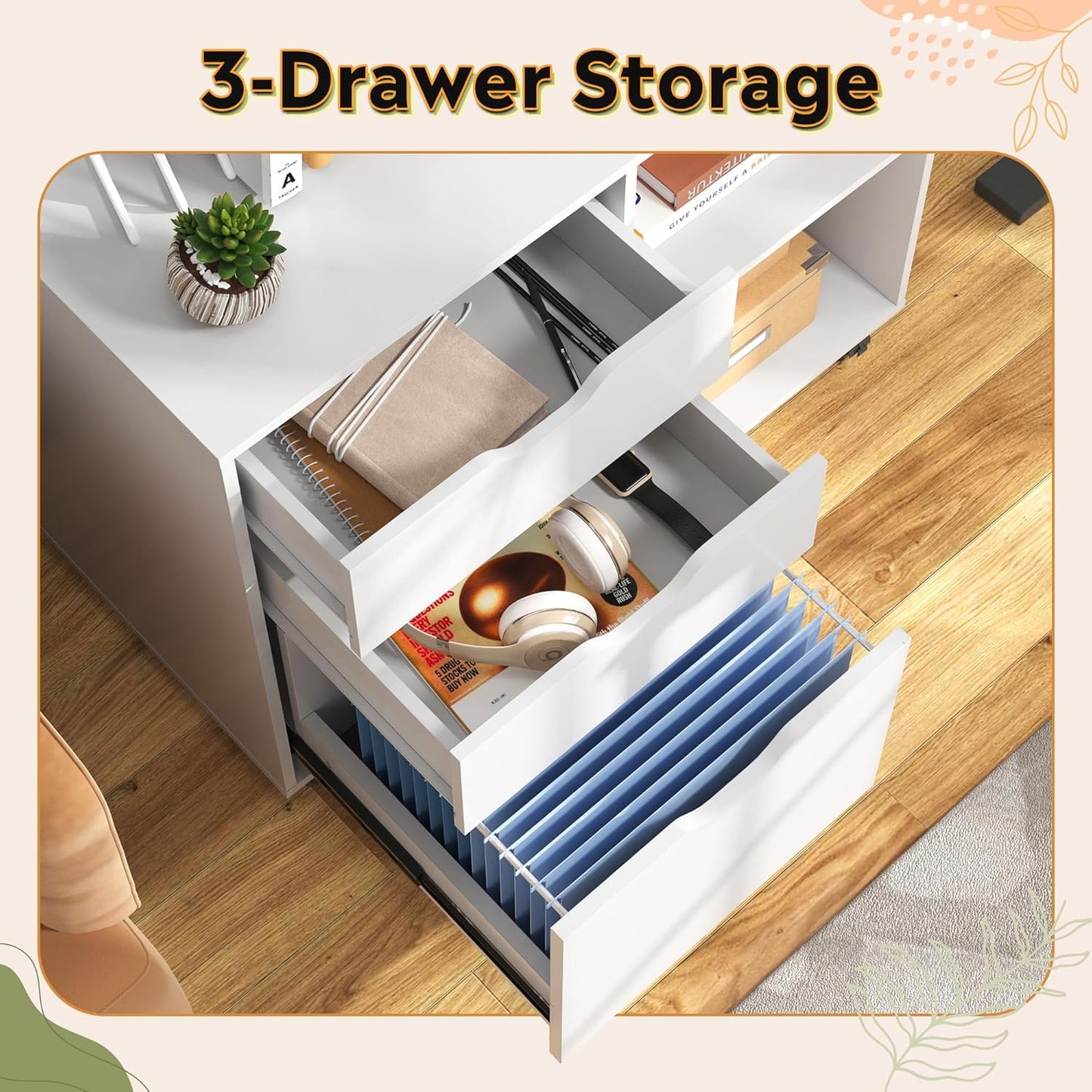 DEVAISE 3-Drawer Wood File Cabinet, Mobile Lateral Filing Cabinet, Printer Stand with Open Storage Shelves for Home Office, White