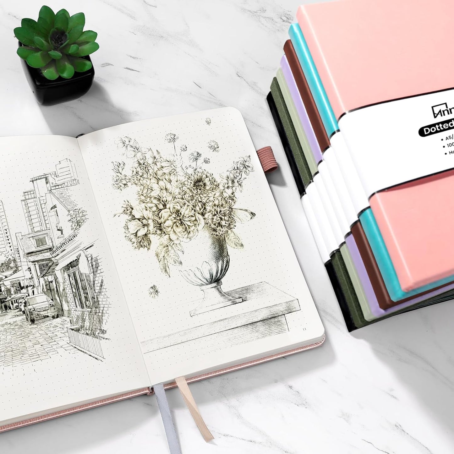 Annecy Numbered Bullet Dotted Journal Notebook, Medium 5.5x 8.25, 160 Pages 100GSM Writing Paper, A5 Deep Green Linen Cover