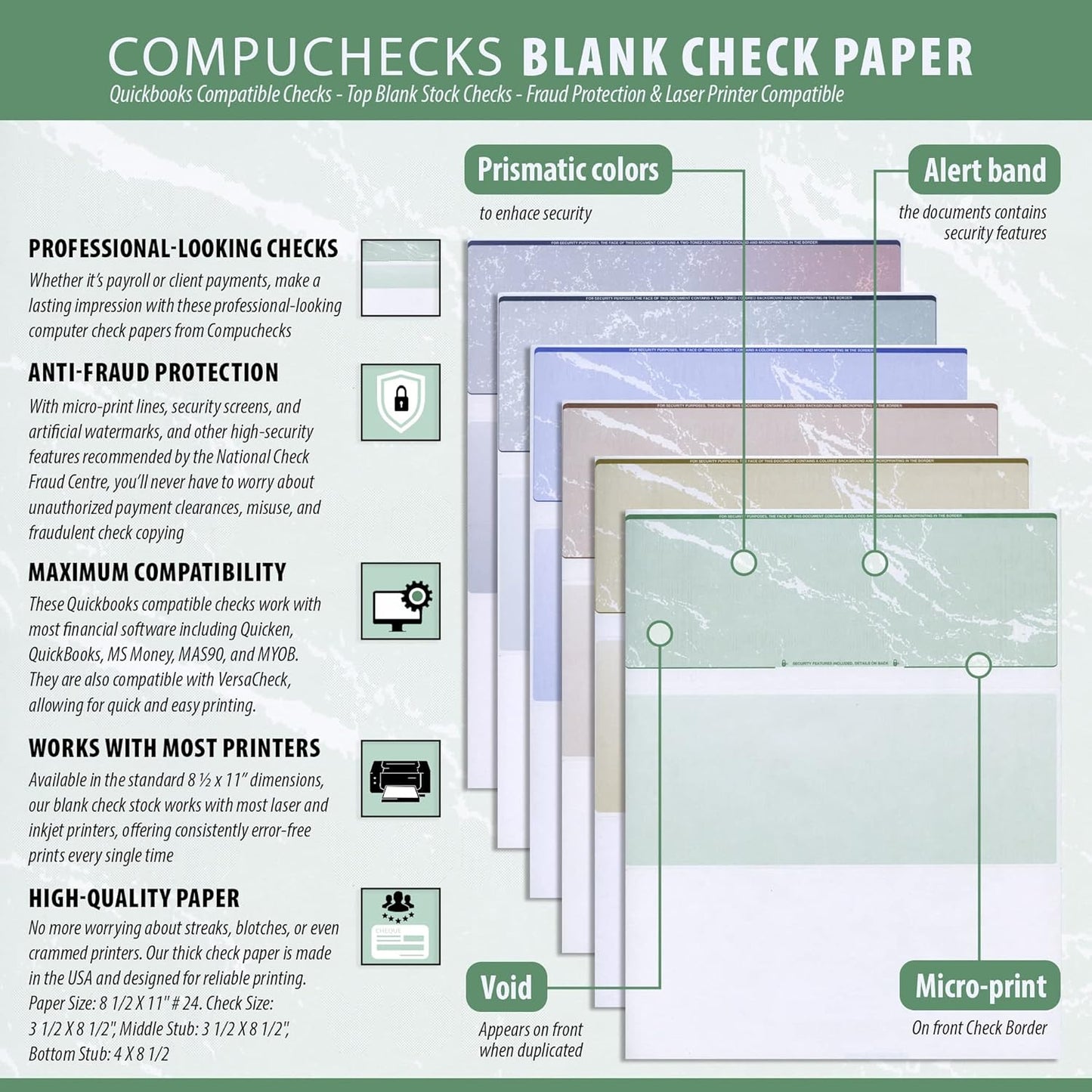 Compuchecks Check on Top Blank Check Paper - 2500 Pack, Quick-Books & Laser Printer Compatible - Security Business Checks with Voucher - 8.5" x 11" Gold Marble