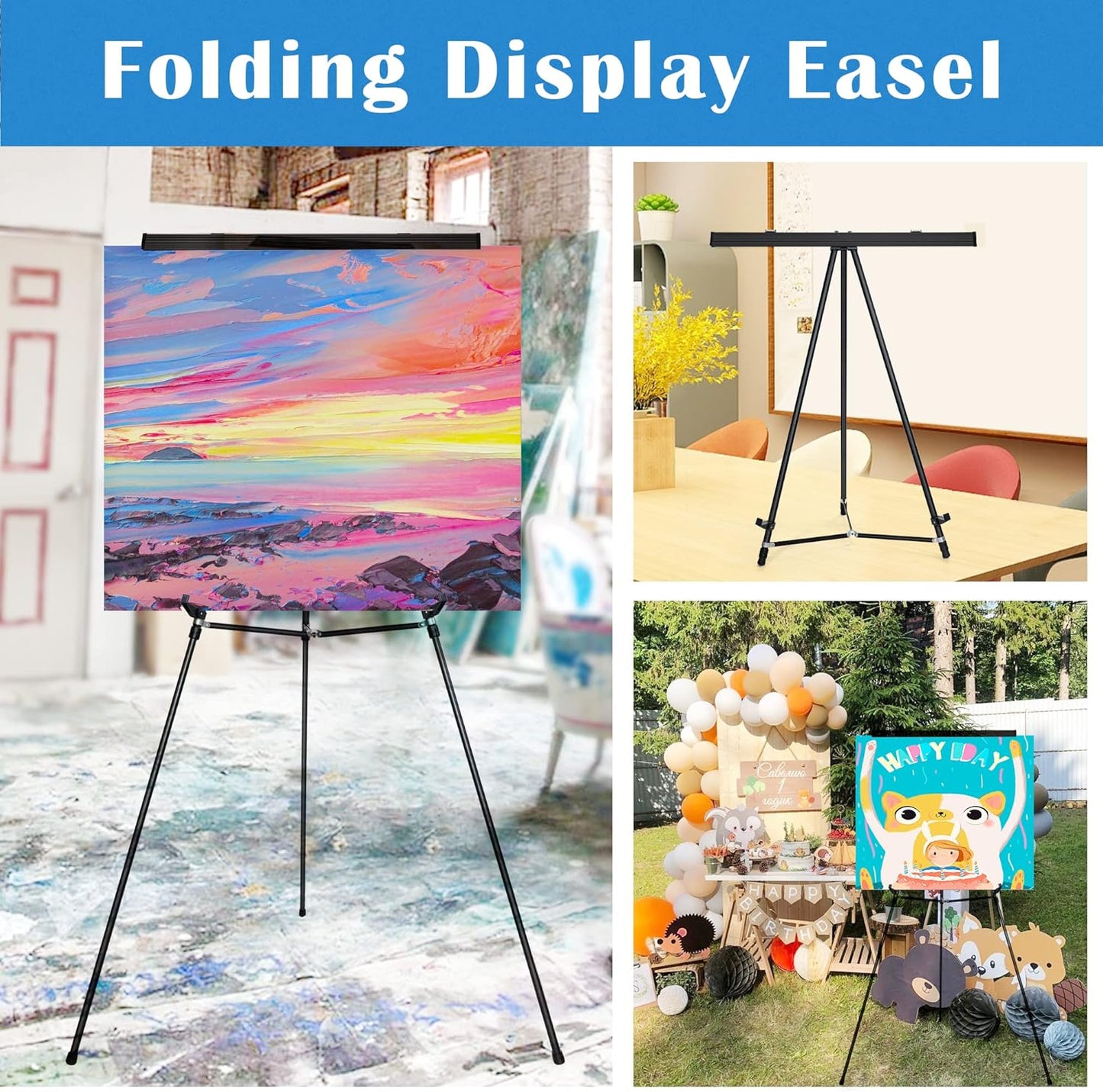 Falling in Art Aluminum Flip Chart Display Easel Stand with Adjustable Floor for Boardroom, Whiteboard, Paper Pads, Signage, 63 1/2'' High, Black