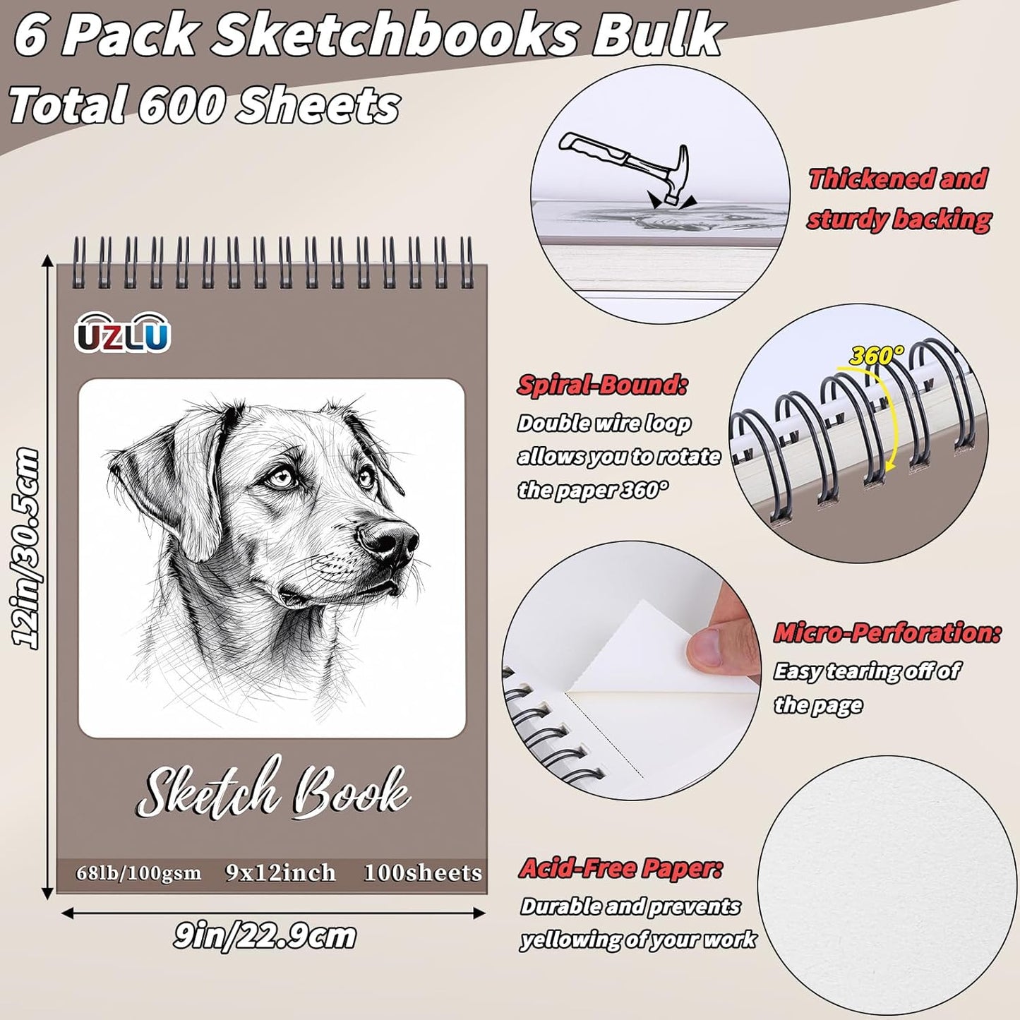 6 Pcs Sketch Book Bulk 9 x 12 In,600 Sheets Total Drawing Paper Pad Top Spiral Bound Sketch Pad Mixed Media Sketchbook 68lb/100gsm Thick Paper Acid Free Art Supplies for Kid Adult Painting Beginner Artist