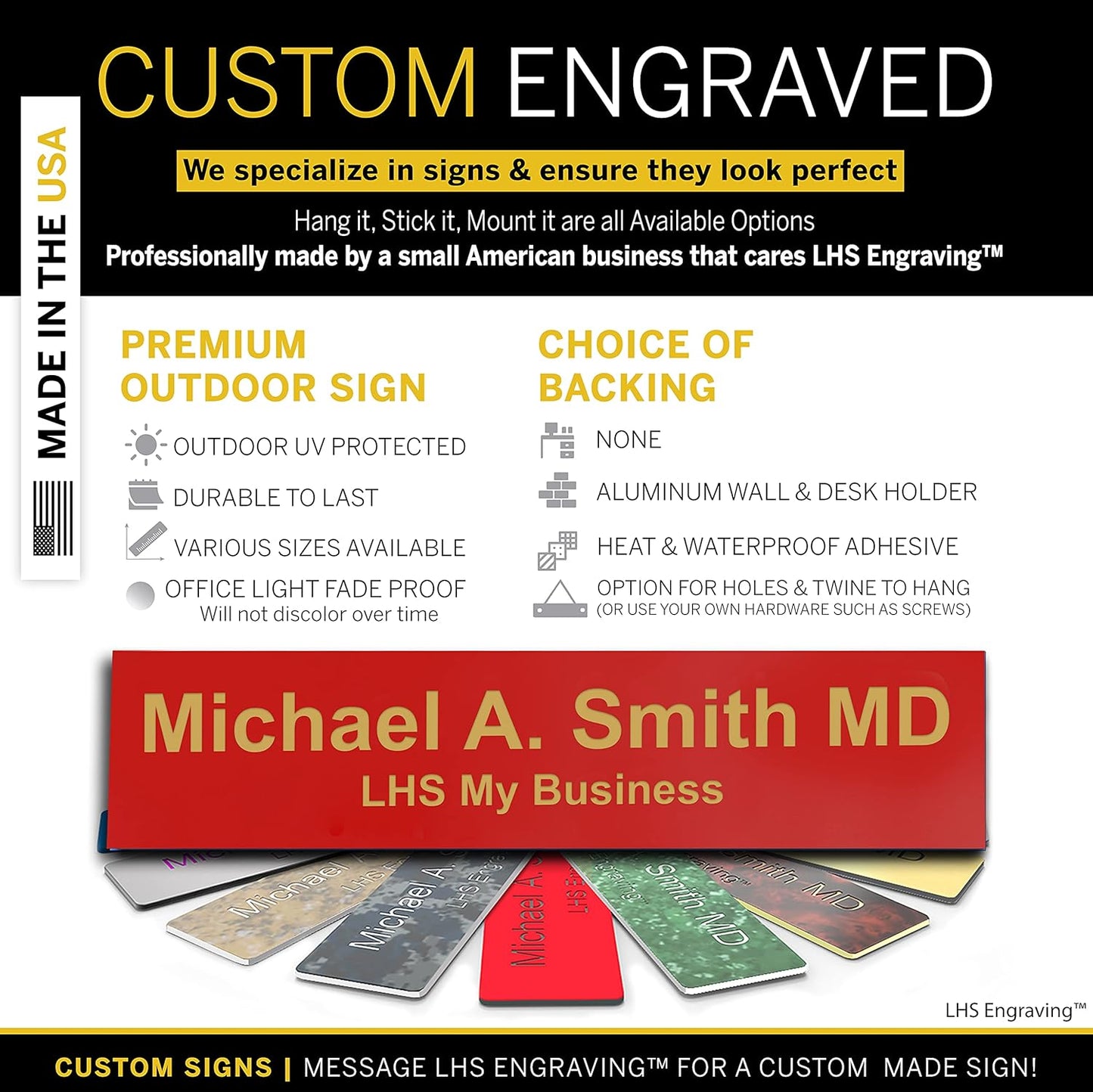 Engraved Name Plates for Door Sign Personalized Red Plastic Plaque with Gold Letters - Made in USA 2x8 B17