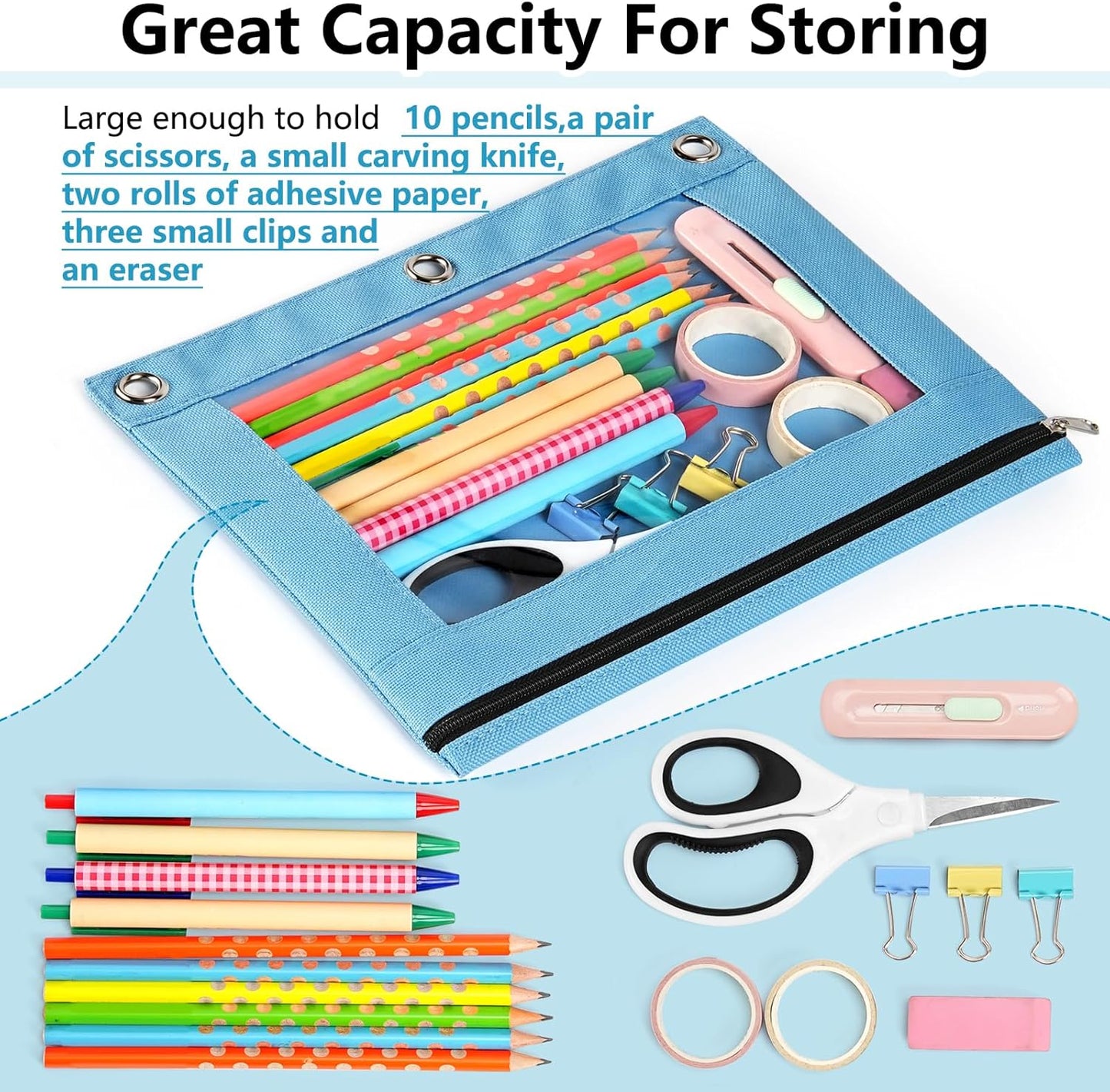 Forvencer 24 Pack Pencil Pouches for 3 Ring Binder, Smooth Zipper 3 Ring Binder Pencil Pouch, Multi-Color Pencil Case for Binder, Clear Top Binder Pencil Pouch, Pencil Bag with 3 Re-enforced Grommets