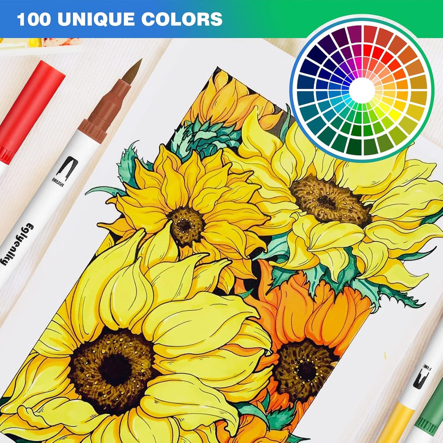 Markers for Coloring Book Adults Relaxation, Dual Tip Brush Pens with 100 Watercolor Fine Tip Markers and Brush Pens for Kids Coloring