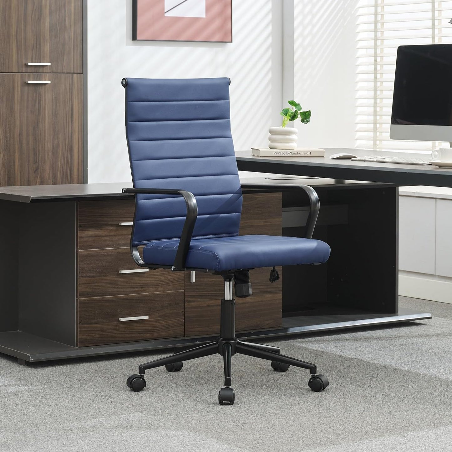 Okeysen Office Desk Chair Conference Room Chairs Modern Ergonomic Executive Swivel Chair Adjustable Height PU Leather Home Desk Chairs with Armrests Comfy Computer Task Chairs with Wheels (Navy Blue)