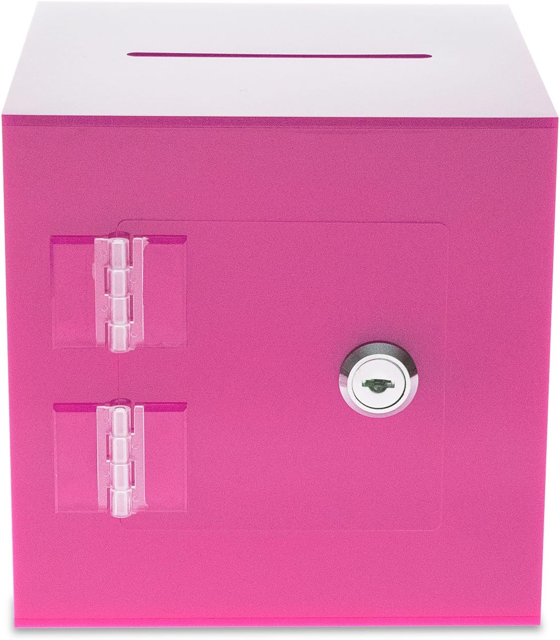 Source One Premium Acrylic Cube Donation Box with Deluxe Rear Open Door and Cam Lock Suggestion Box (12 Inch, Pink)