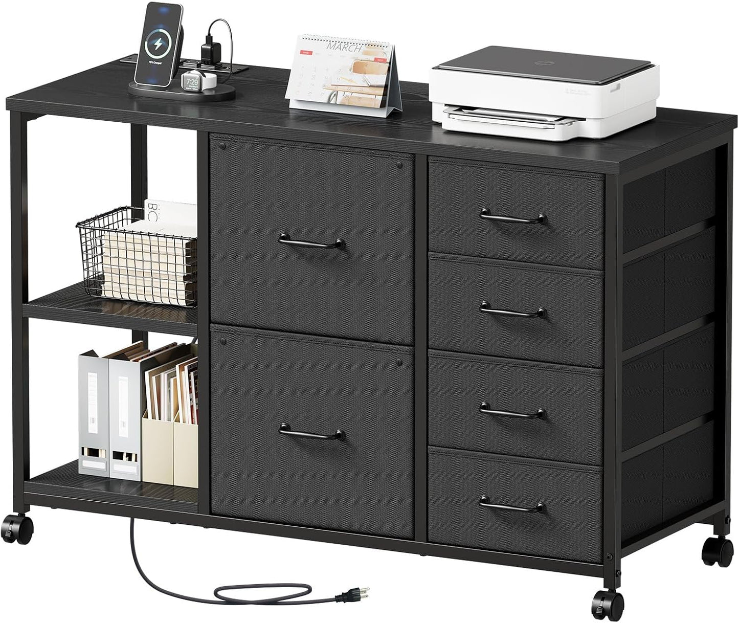 6 Drawer File Cabinet with Charging Station Rolling Printer Stand with Open Storage Shelf Fabric Lateral Filing Cabinet for Home Office,Black
