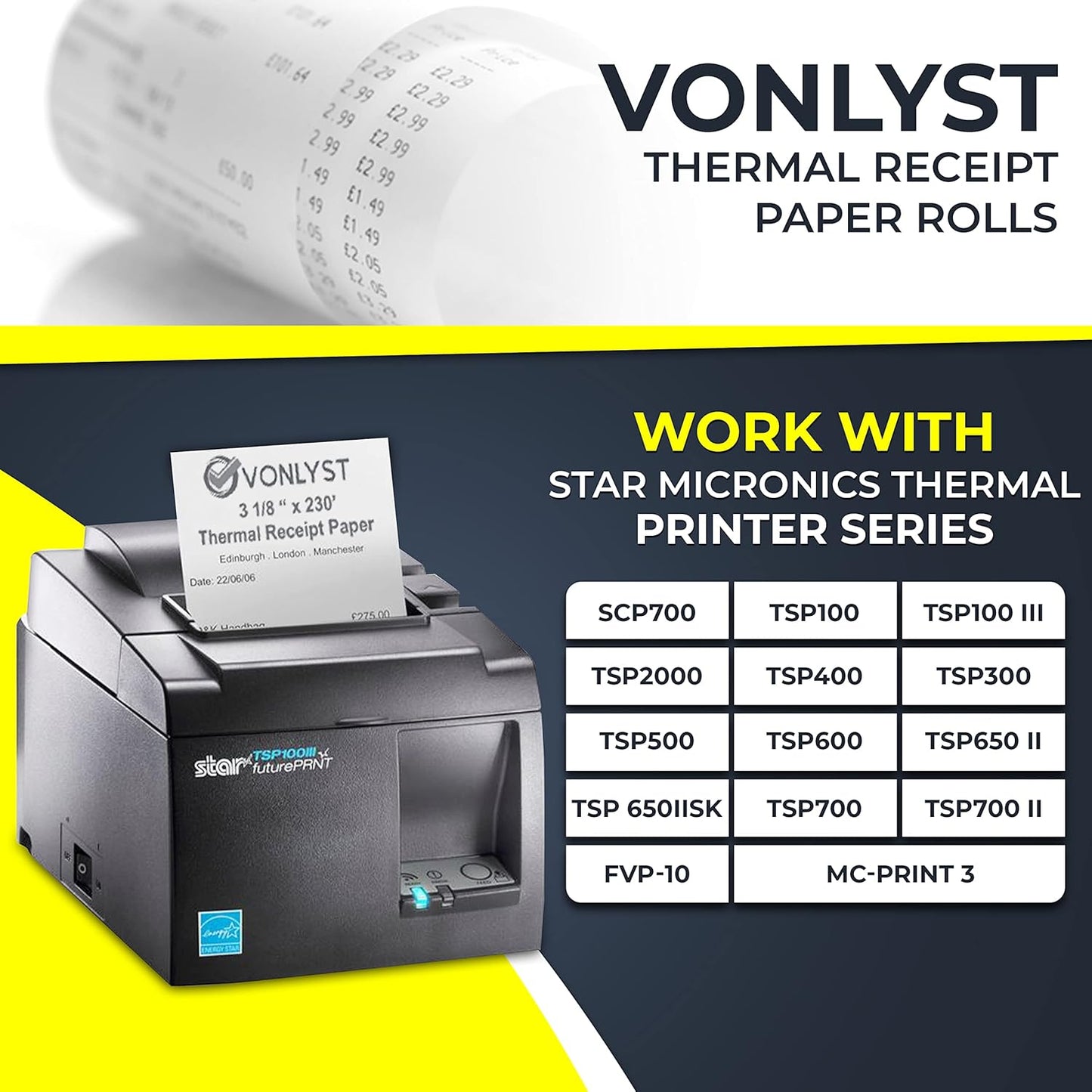 Receipt Paper Roll 3 1/8 x 230 for Square Register and Square POS System connected to Star Micronics Thermal Printer (Pack 24 rolls)