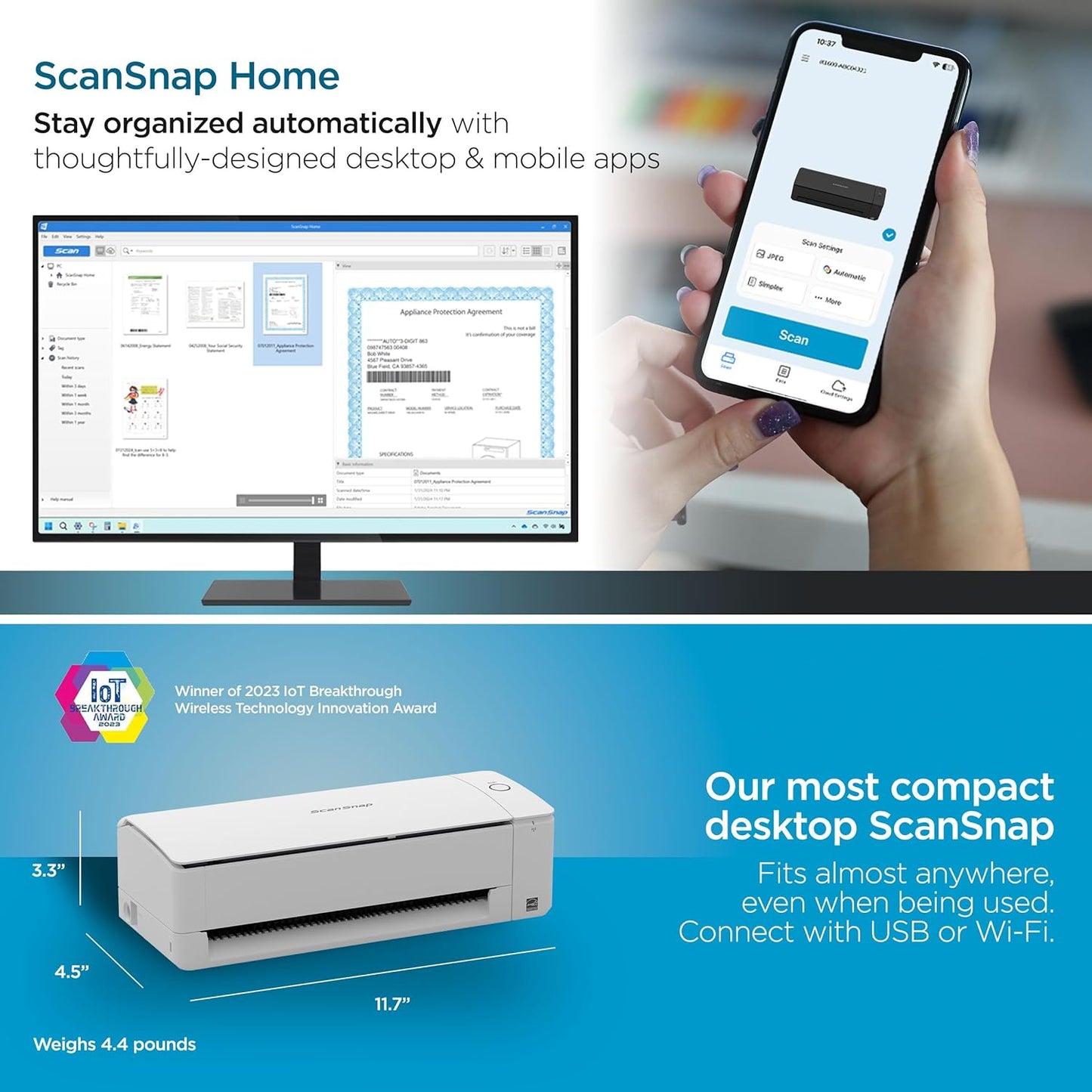 ScanSnap iX1300 Compact Wireless or USB Double-Sided Color Document, Photo & Receipt Scanner with Auto Document Feeder and Manual Feeder for Mac or PC, White