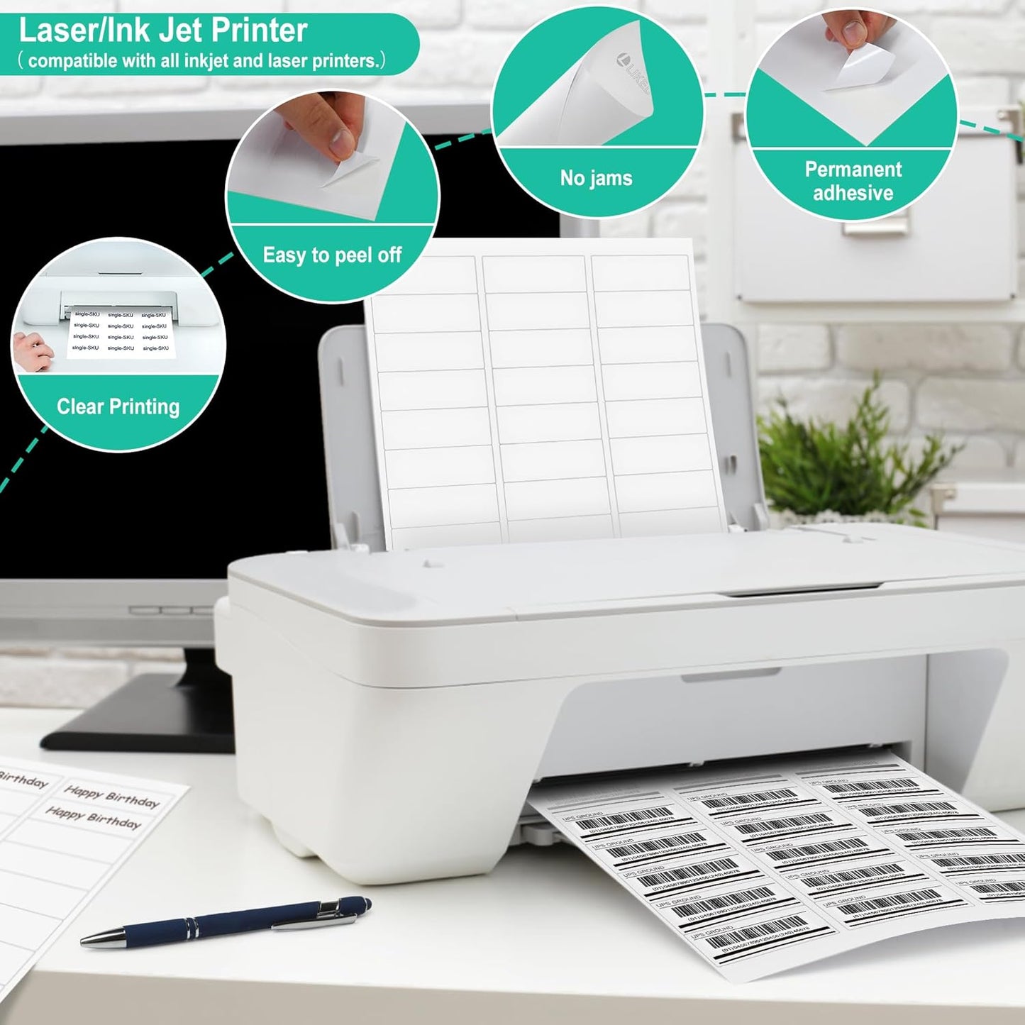 L LIKED Printable Address Labels, 1" x 2-5/8", 15000 Labels, 30 per Sheet, Blank Label Stickers for Envelopes (500 Sheets)