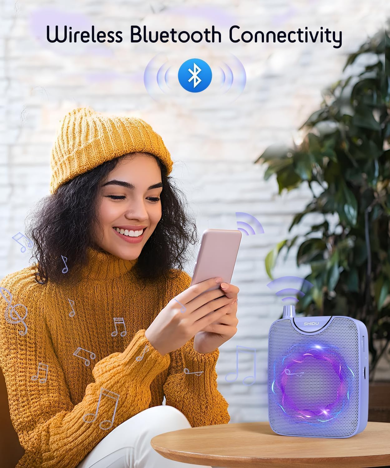 SHIDU 35W Power Voice Amplifier with Bluetooth Wireless Lavalier Microphone, Portable Teacher Mic with Speaker Personal Clip On Microphone System for Teacher Meeting Training-M500 (Purple)