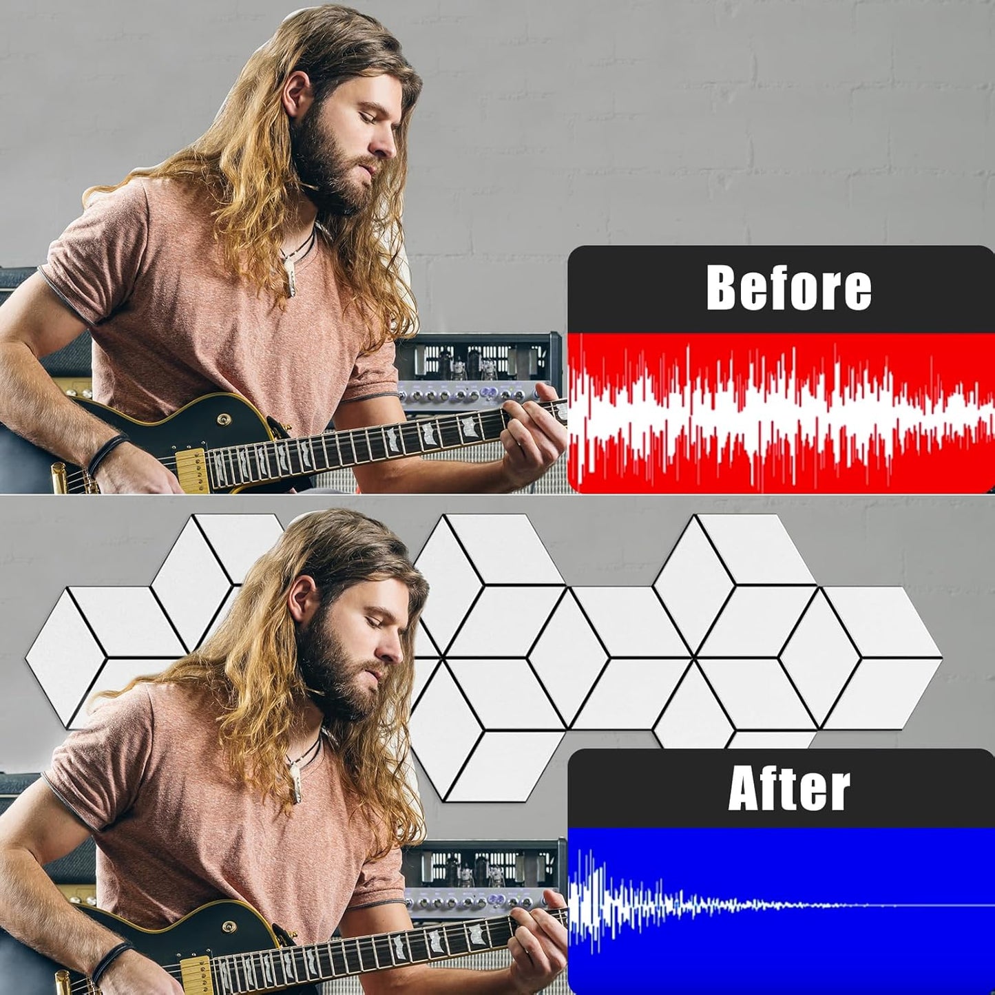 12-Pack Self-Adhesive Acoustic Panels 12" x 10" x 0.4" High-Density, Flame-Resistant Soundproof Foam. Absorbs Noise and Eliminates Echoes, Hexagonal 3D Design (White Face)
