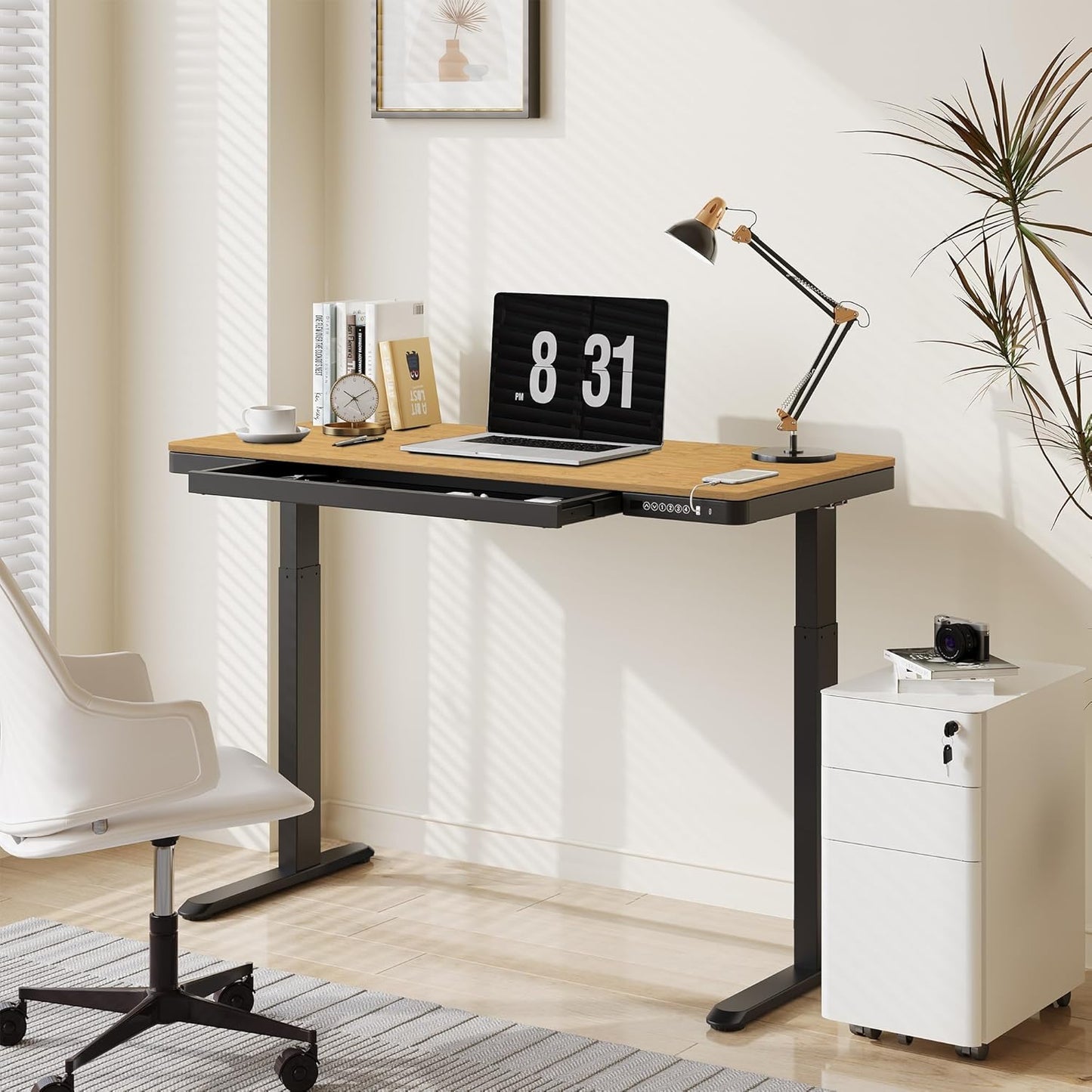 FLEXISPOT Comhar Electric Standing Desk with Drawer Desktop & Adjustable Frame w/USB Charge Ports (Bamboo Texture/Black, Wood)