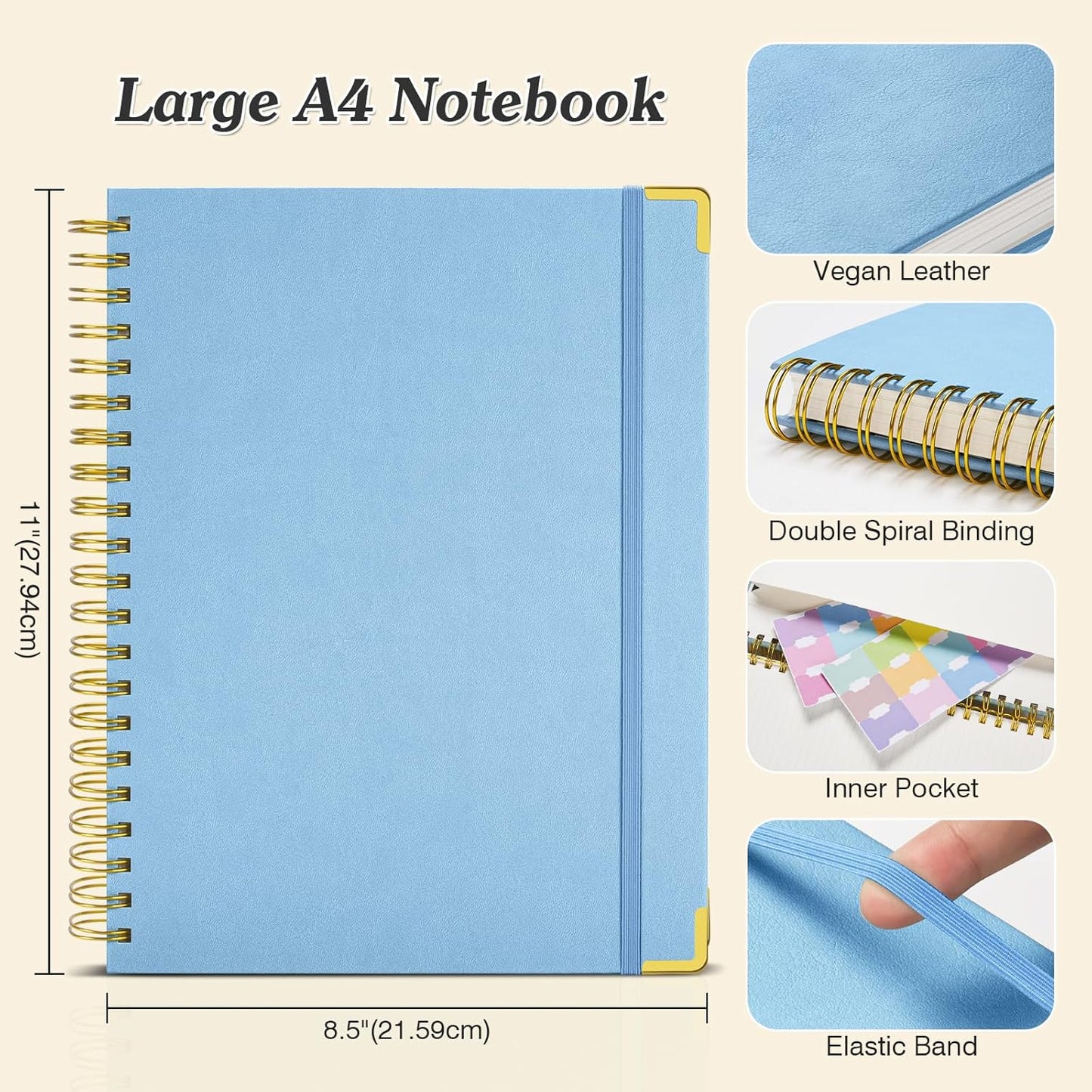 Graph Paper Notebook, Spiral Grid Notebook 8.5" X 11", Hardcover Leather Journal 300 Pages, 100GSM Thick Grid Paper Notebook, Large A5 Graphing Notebook Journal for Women Men Writing Engineering Work