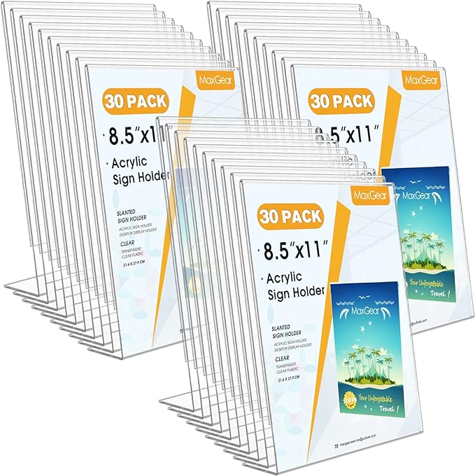 MaxGear Acrylic Sign Holder, 8.5 x 11 Slant Back Display Stand, 30 Pack | Clear by MaxGear