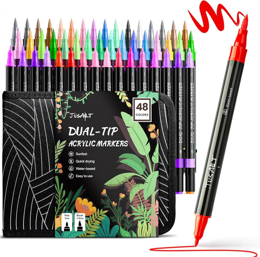 JusArt 48 Colors Acrylic Paint Markers Set With Bag, Dual Tip with Brush Tip and Fine Tip Paint Pens for Rock Painting, Wood, Egg, Canvas, Glass, Stone, Ceramic, DIY Crafts Professional Art Supplies