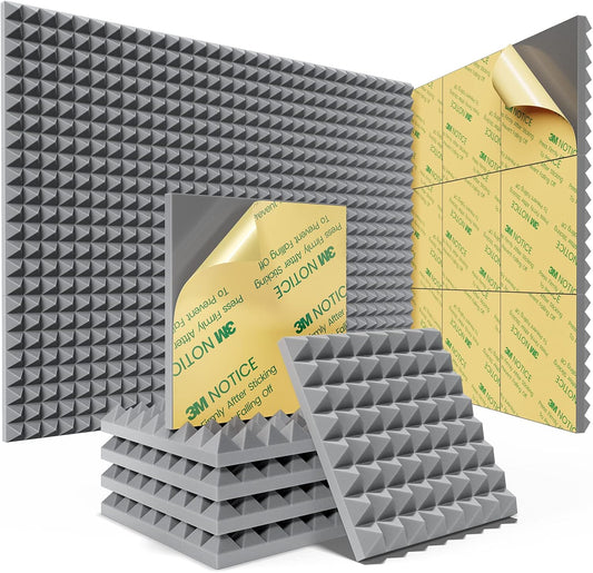 Sonicism Sound Proof Foam Panels for walls Self-Adhesive Pyramid 12 Pack,12" X 12" X 1" Acoustic Panels 35kg/m³High Density,Acoustic Wall Panels Fast Expand,Sound Absorption and Decoration,DarkGray