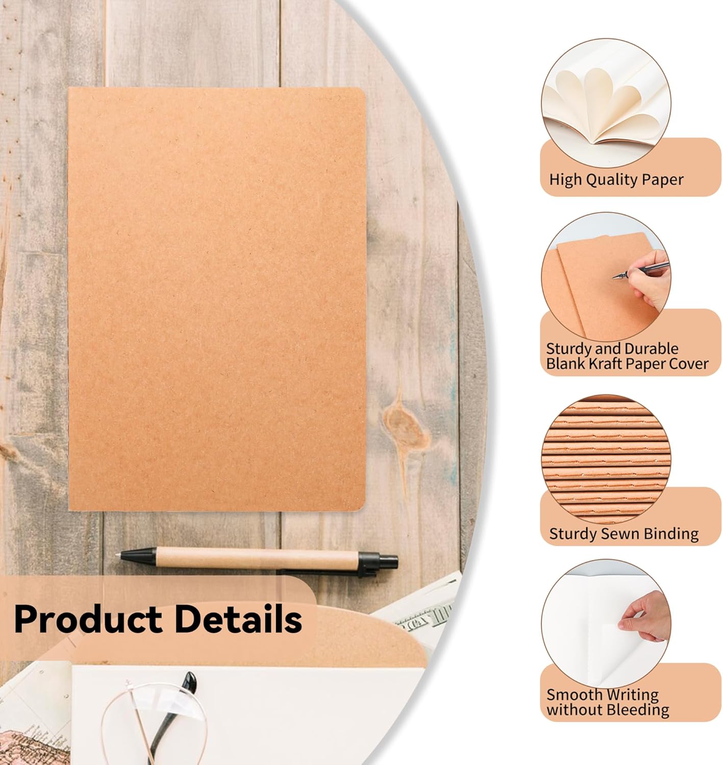 12 Pack Blank Kraft Notebooks, 8.3x5.5 Inches A5 Small Journals Bulk Blank Notebooks 80 Gsm Unlined with 60 Pages A5 Subject Notebooks Traveler Journal Set for Adult Students Back to School Supplies