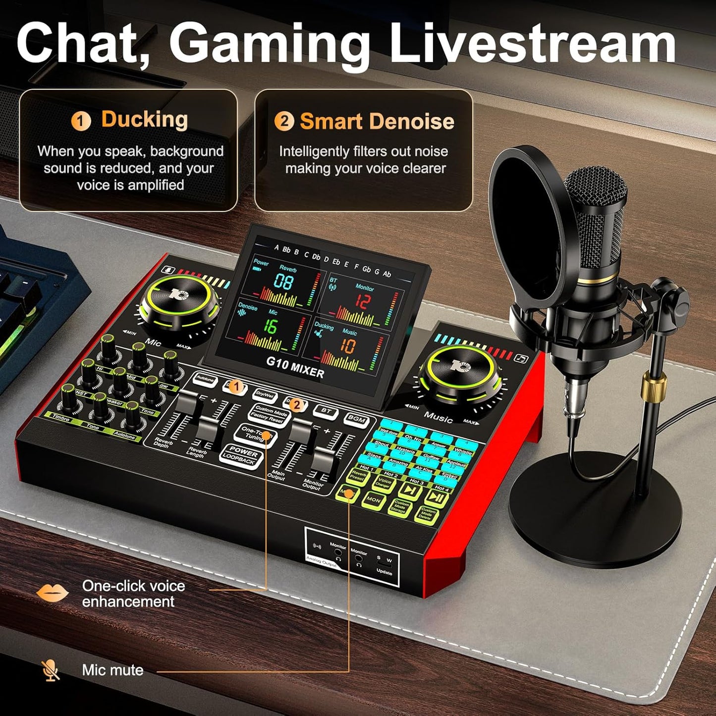 Podcast microphone bundle, live sound card, streaming audio mixer, podcast equipment bundle for PC/mobile live streaming, singing, gaming, soundboard with voice changer and noise reduction function