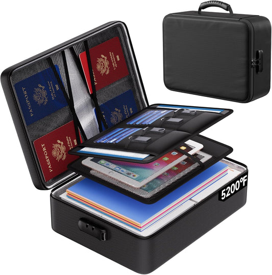 ENGPOW 5200°F Fireproof Document Bag with Lock, Upgraded Heat Insulated Fireproof Box 8 Layers File Organizer, Portable Home Travel Safe Storage for Important Documents,Passports,Laptop, Black(Soft)