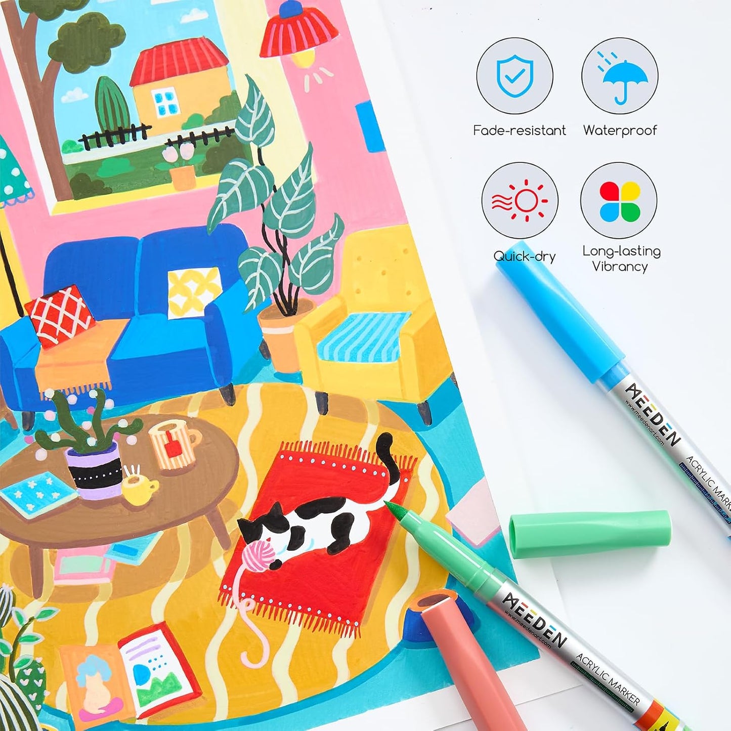 MEEDEN Acrylic Paint Marker Brush Tip: 72 Colors Large Capacity Acrylic Markers with Automatic Ink Control System - Waterproof Paint Pens for Wood, Glass, Rocks, Fabric, Halloween Pumpkin Painting