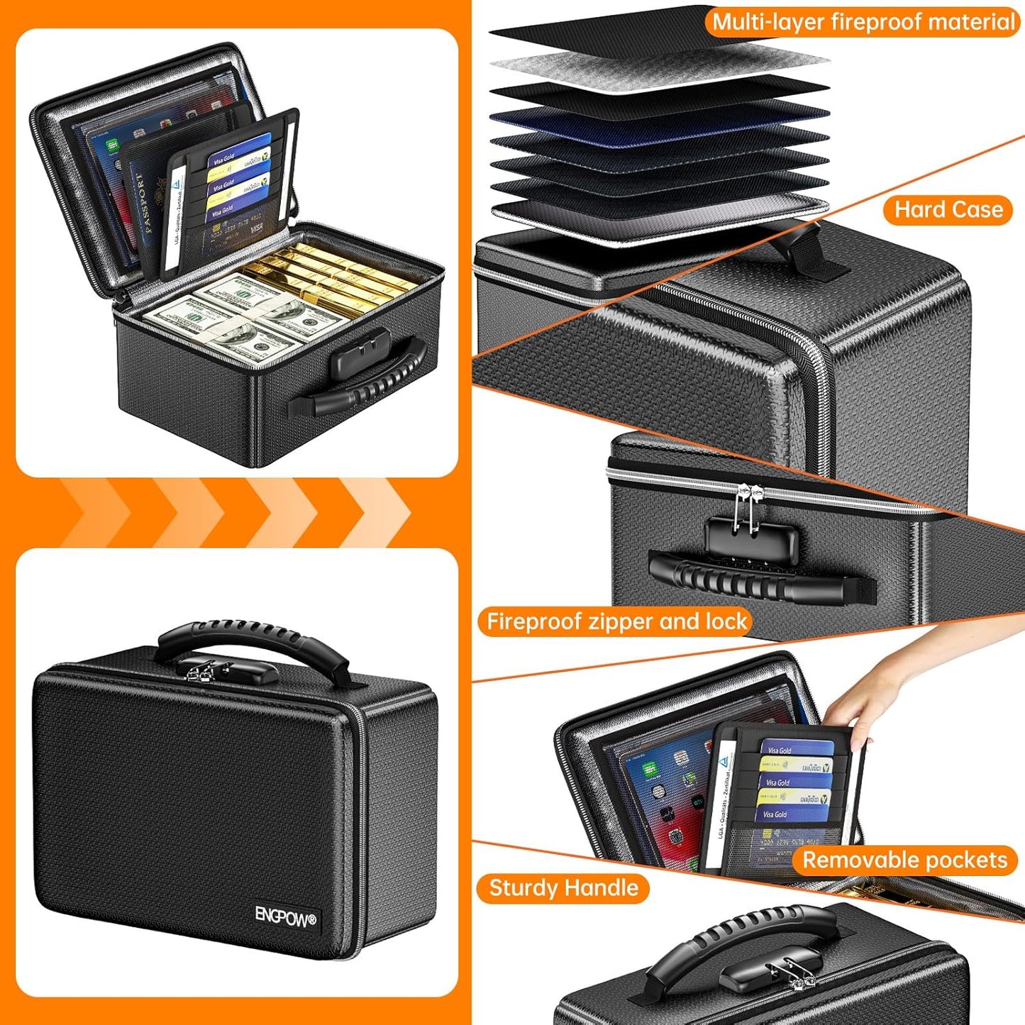 ENGPOW Fireproof Money Box, Small Hard Case Fireproof Box with Fireproof Zipper ＆ Lock, 6400°F Heat Insulated Fireproof Water Resistant Safe Box for Cash, A5 Document, Passport and More, Black