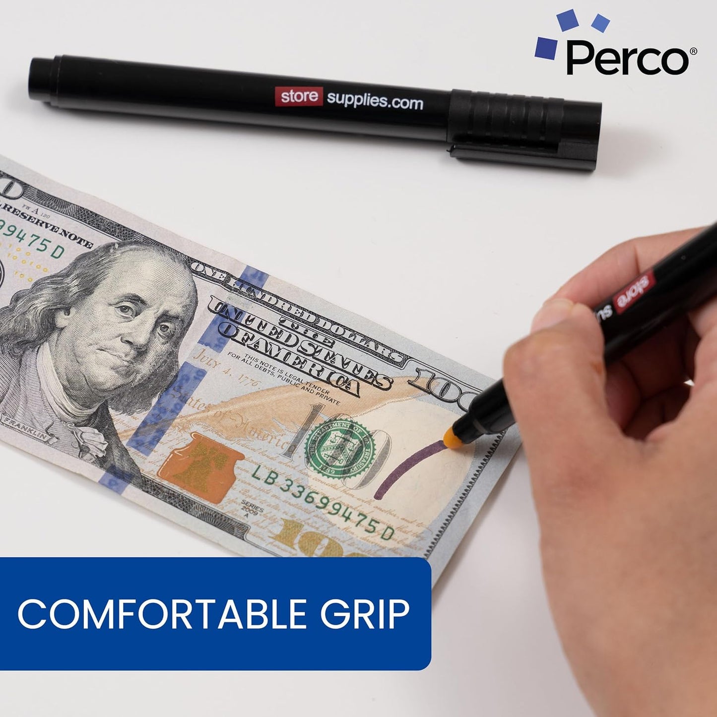 Perco Counterfeit Money Detector Pen (2 Pack) - Easy to Use and Reliable Universal Currency Fake Bill Checker for Personal & Commercial Use - Ensures Authenticity & Prevents Fraud