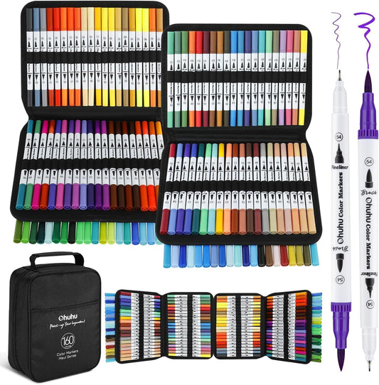 Ohuhu Markers for Adult Coloring Books No Bleeding 160 Colors Water-based Dual Tips Fineliner & Brush Coloring Markers for Kids Adults Beginners Drawing Pens for Journaling Lettering - Maui - White