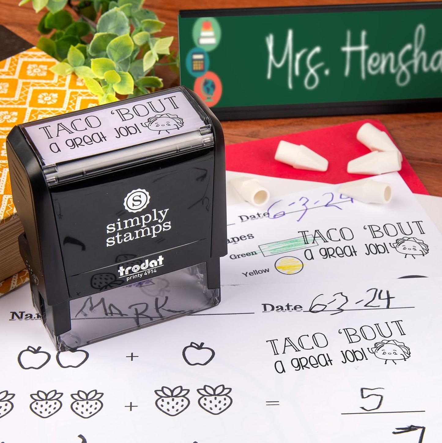 Custom Self-Inking 'Teacher' Stamps | 49 Fun Phrases | Book Stamps (Taco 'Bout a Great Job!, Xtra Large)