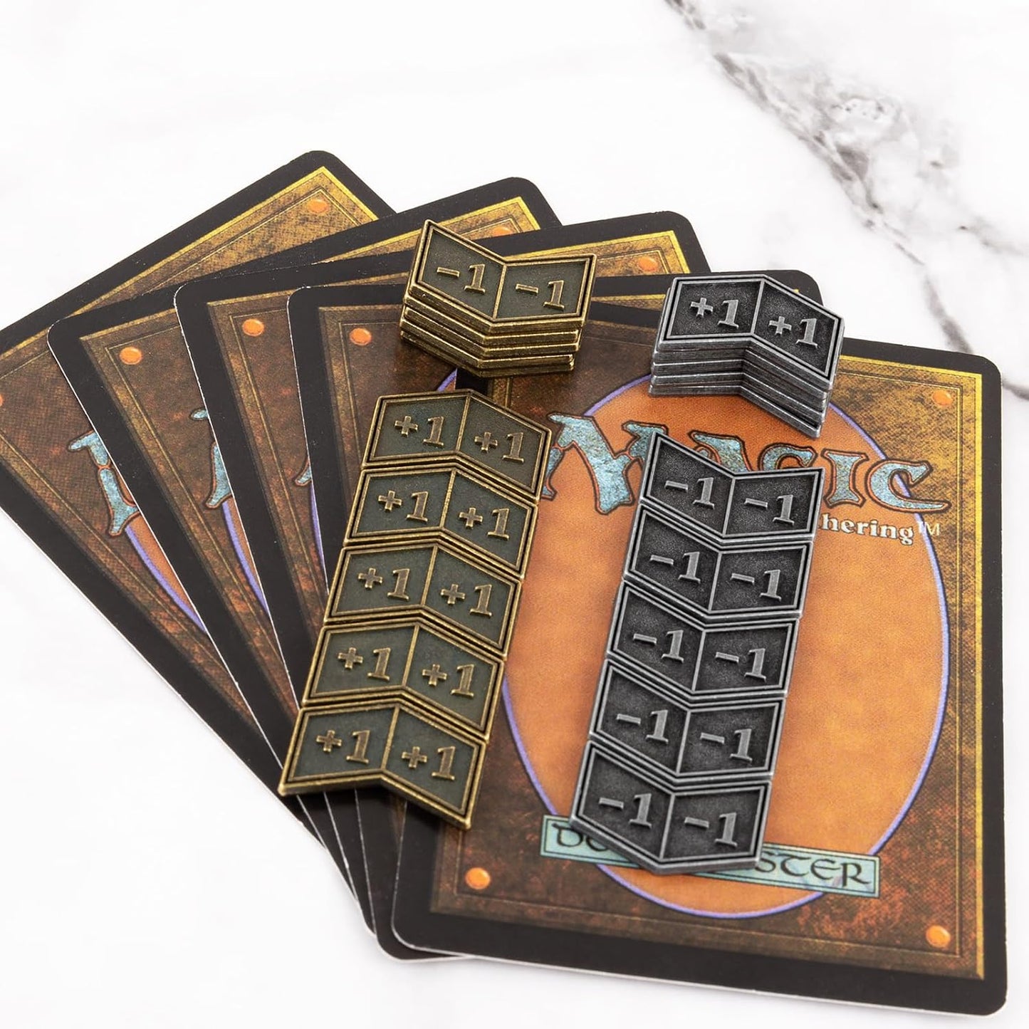 40 PCS Antique Metal Buff Counter Tokens with Velvet Bag Magic The Gathering Token Creature Stats or Loyalty Counters for MTG CCG Card Gaming Accessories, Black&Bronze