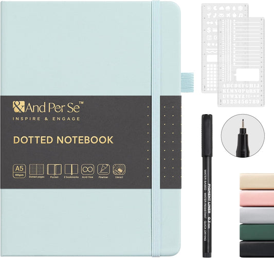 &And Per Se Bullet Dotted Journal Notebook, A5 Leather Hardcover, 176 Numbered Pages 100GSM Thick Dotted Paper, 2 Sheets of Stencils Included - 5.7'' x 8'' (Cyan)